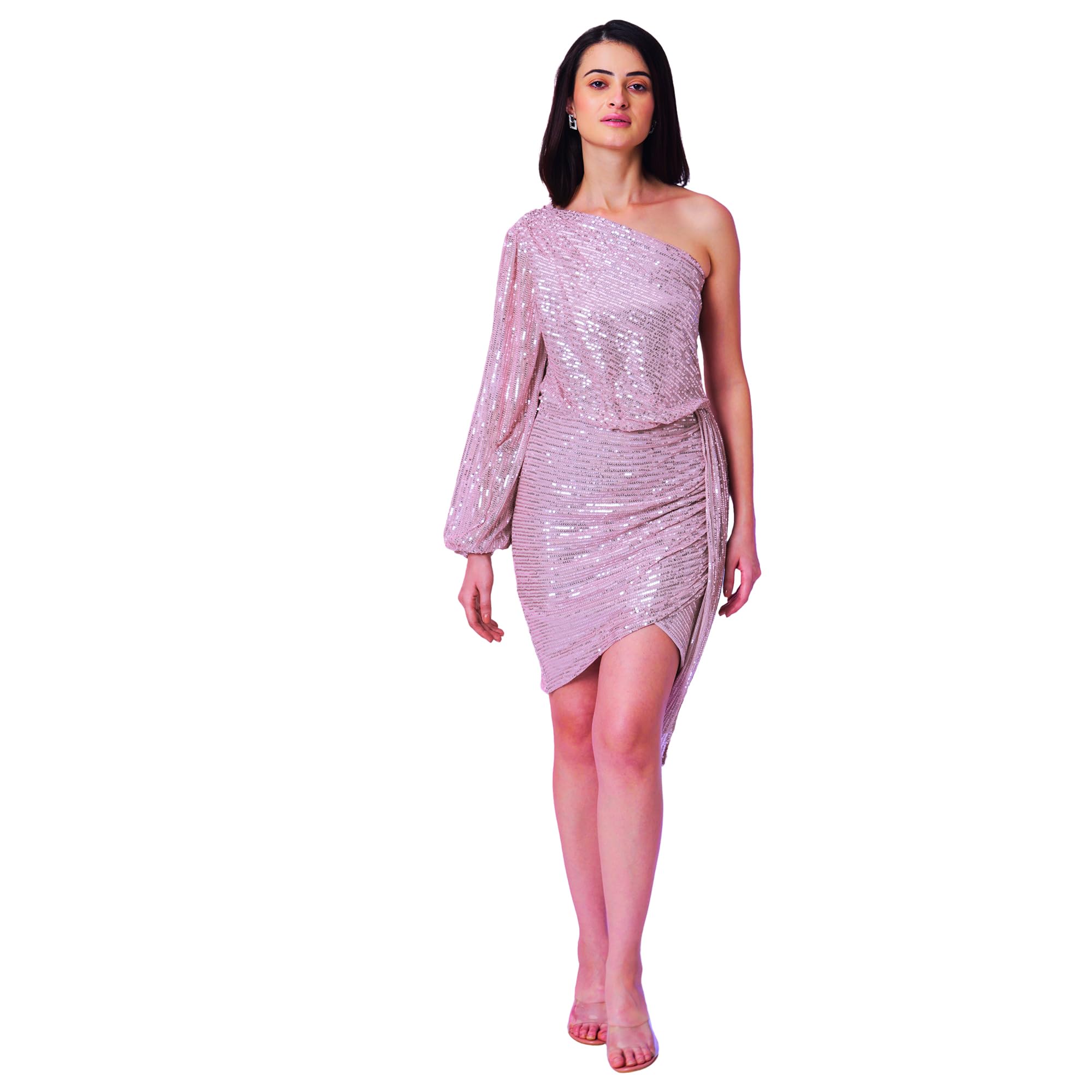 GlobusWomen One Shoulder Bishop Sleeve Sequinned Bodycon Mini Party Dress (S to 3XL)