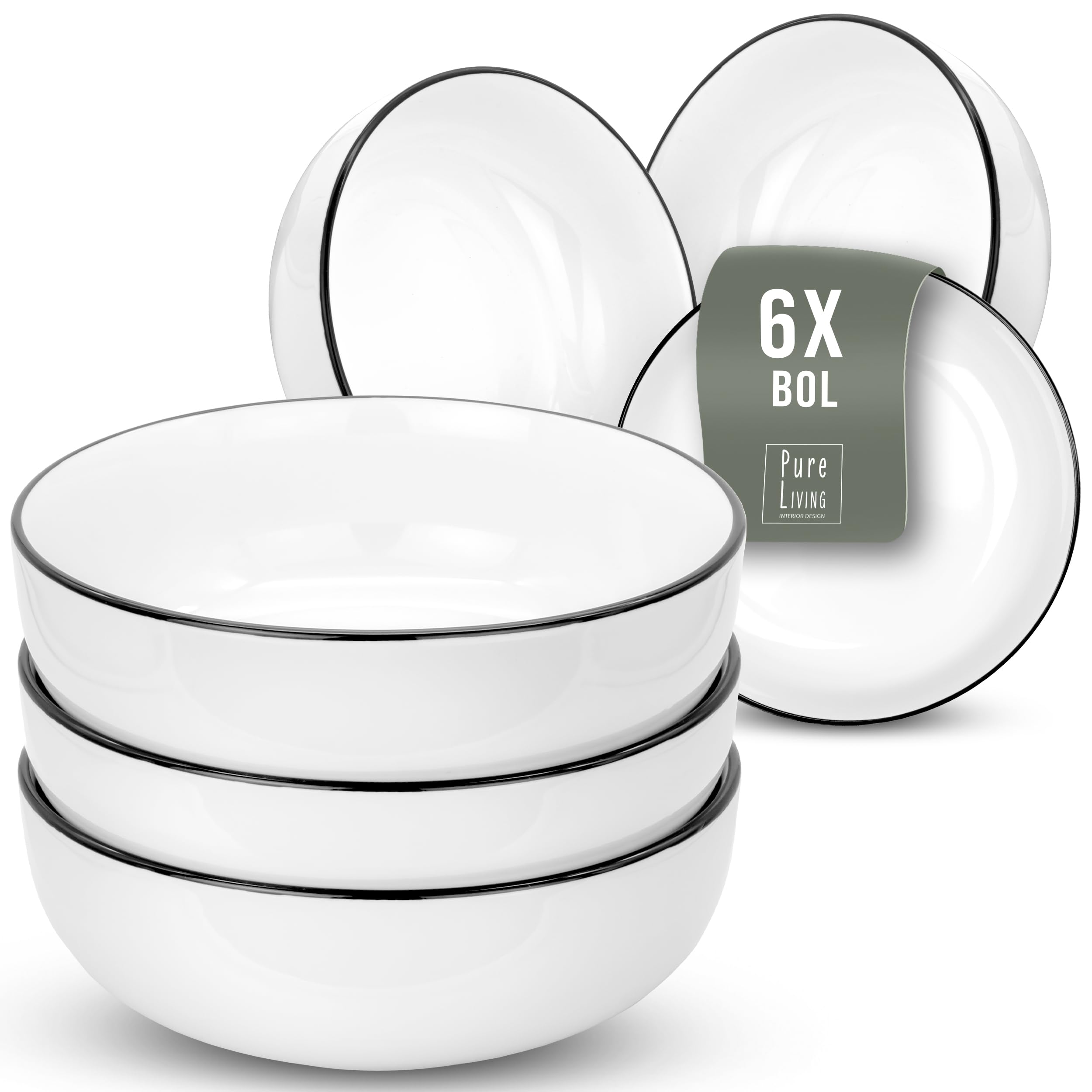 Ensemble 6 Bols Porcelaine Scandi - Design Scandinave, résistentes au Lave-vaisselle - Pure Living Blanc - Bol, Assiette Creuse, Petit Dejeuner - Idéal pour Muesli, Soup, Desserts, Service de Table.