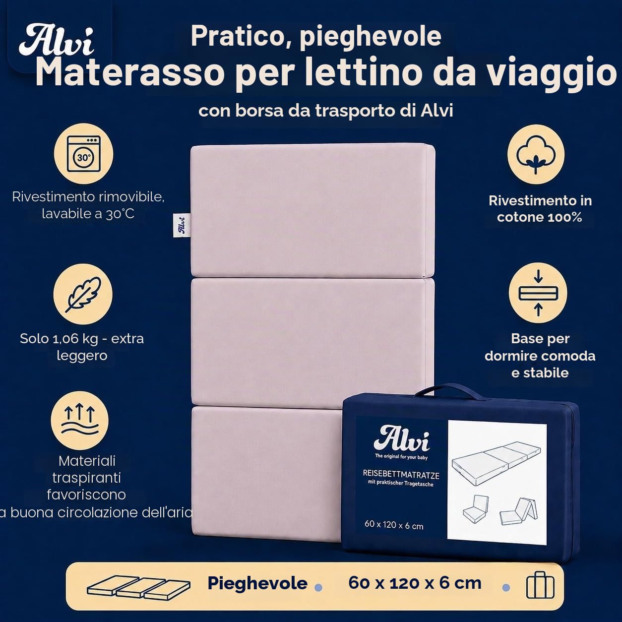 Alvi Materassino da Viaggio Comfort per Lettino Bambini - Materasso Pieghevole 60 x 120 con Interno in Schiuma - Testato Oeko-Tex Standard 100 ®, privo di sostanze nocive