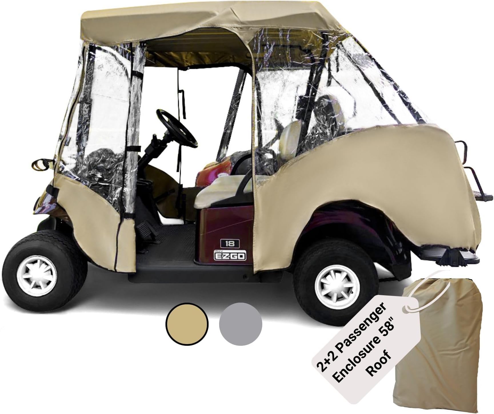 Formosa Covers 2+2 Golf Cart Enclosure Cover Drivable All-Weather Rain & Wind Covers Durable YKK Door Zippers - 4 Passenger Golf Cart Rain Cover Short Roof 58" EZGO, Club Car 360 Clear Windows | Taupe