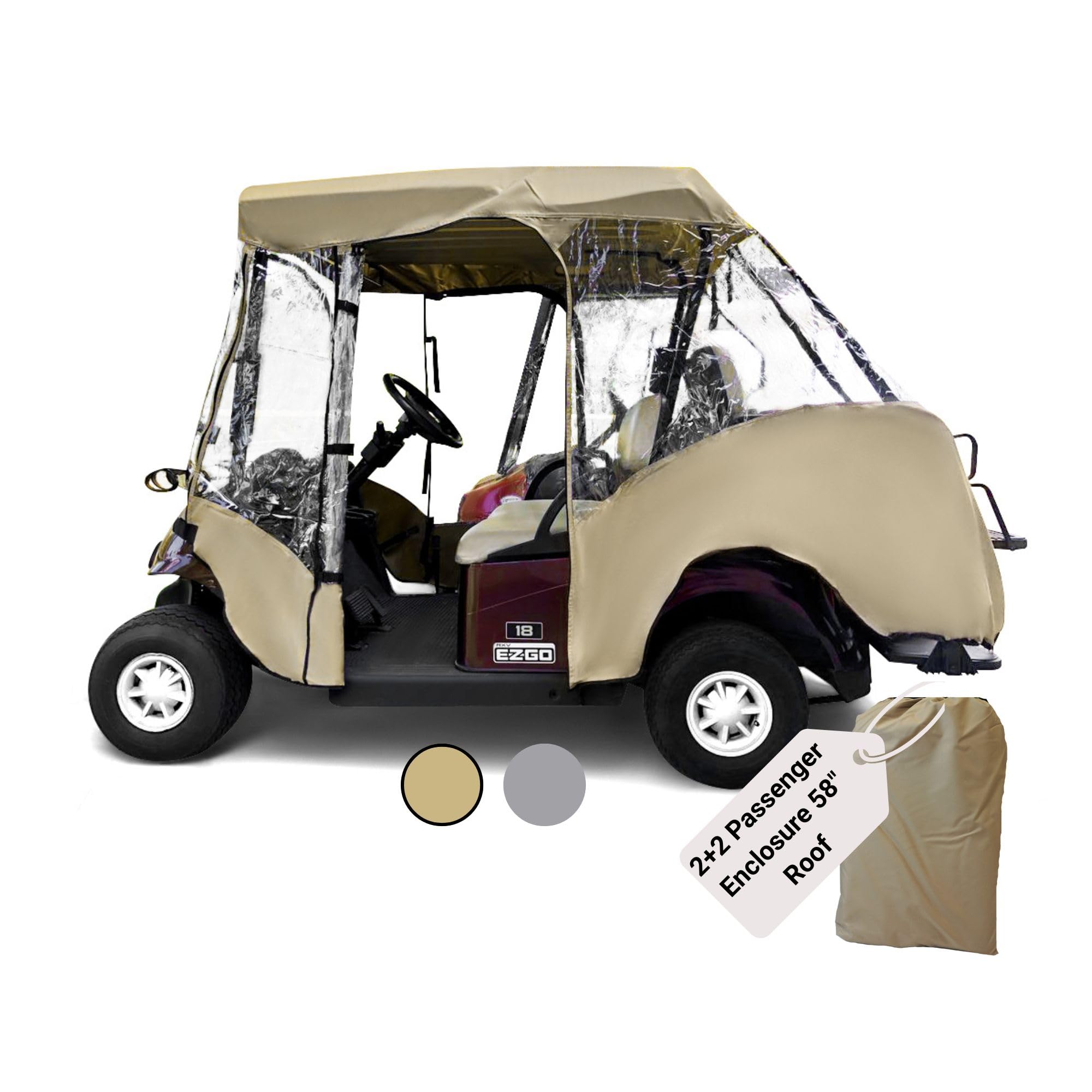 Formosa Covers 2+2 Golf Cart Drivable Enclosure - Durable YKK Door Zipper - 4 Passenger Golf Cart Rain Cover Short Roof 58" EZGO, Club Car 360 Clear Windows | Taupe