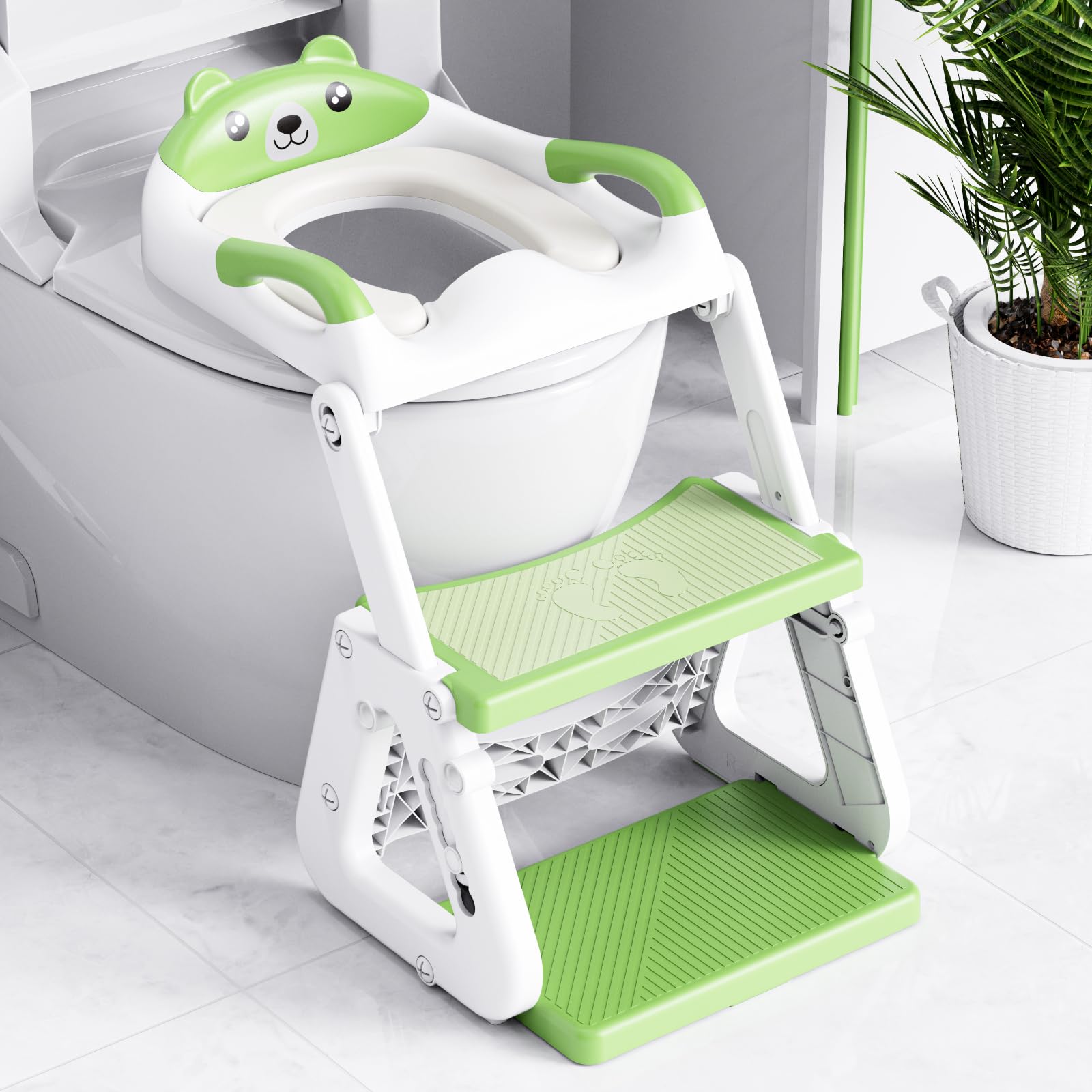 Orzbow Riduttore Wc Bambini con Scaletta, Stabilizzare Scaletta Wc Per Bambini con Struttura a Triangolo, Paraspruzzi Estesi e Cuscino in PVC Impermeabile, Antiscivolo e Pieghevole, Verde