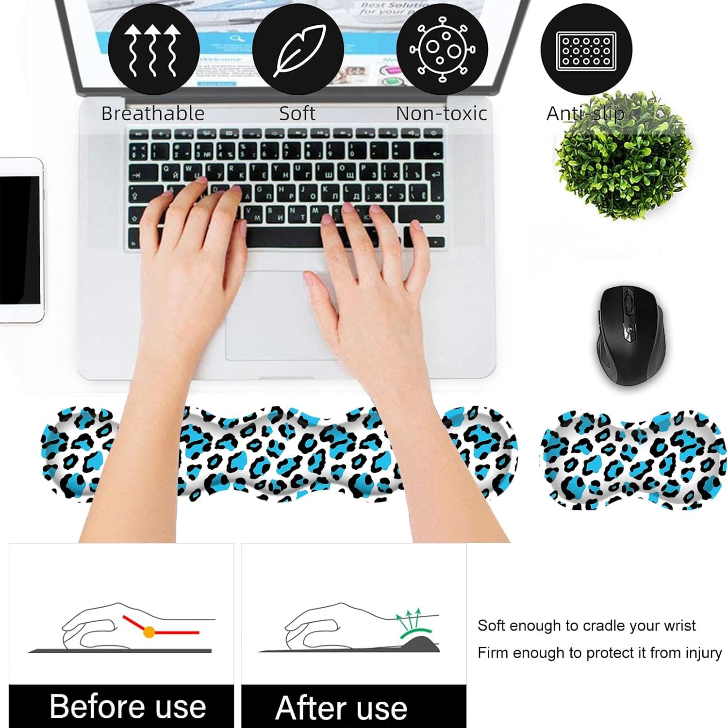 Bxgolkgd Desk Mat Set,Mouse Pad with Keyboard Wrist Rest & Mouse Wrist Rest,Wave-Shaped Design,Non-Slip Rubber Base,Ergonomic Desk Mat for Home,Office,Gaming,Blue Leopard Print