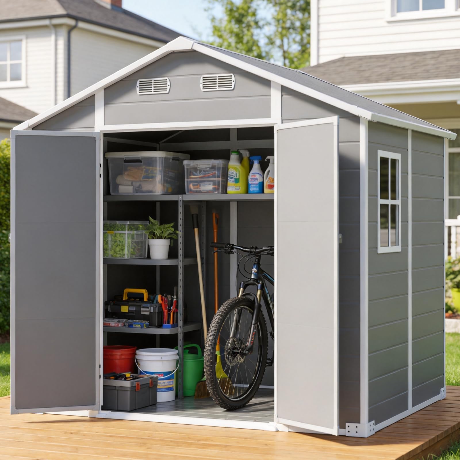 LARBANKE Gerätehaus wetterfest 9,03 m³, Kunststoff 255×182×230 cm, Gartenschuppen Inkl Boden und Dach, Fenster & Rampe,Abschließbare Doppeltür, Belüftung & Regenrinne, für Garten,Rasen und Terrasse