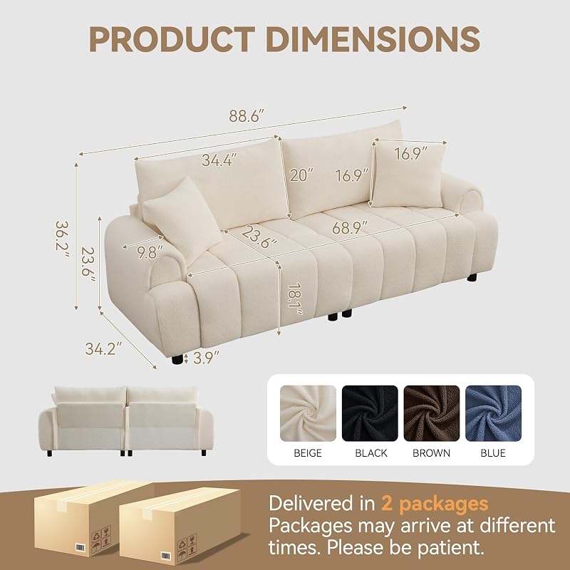 Abbrevi 88 "Modern Boucle Sofa Couch, Oversized Comfy 3 Seater Sherpa Curved Sofas Deep Seat, Upholstered Loveseat Teddy Round Arm Couches for Living Room, Bedroom, Beige image 2