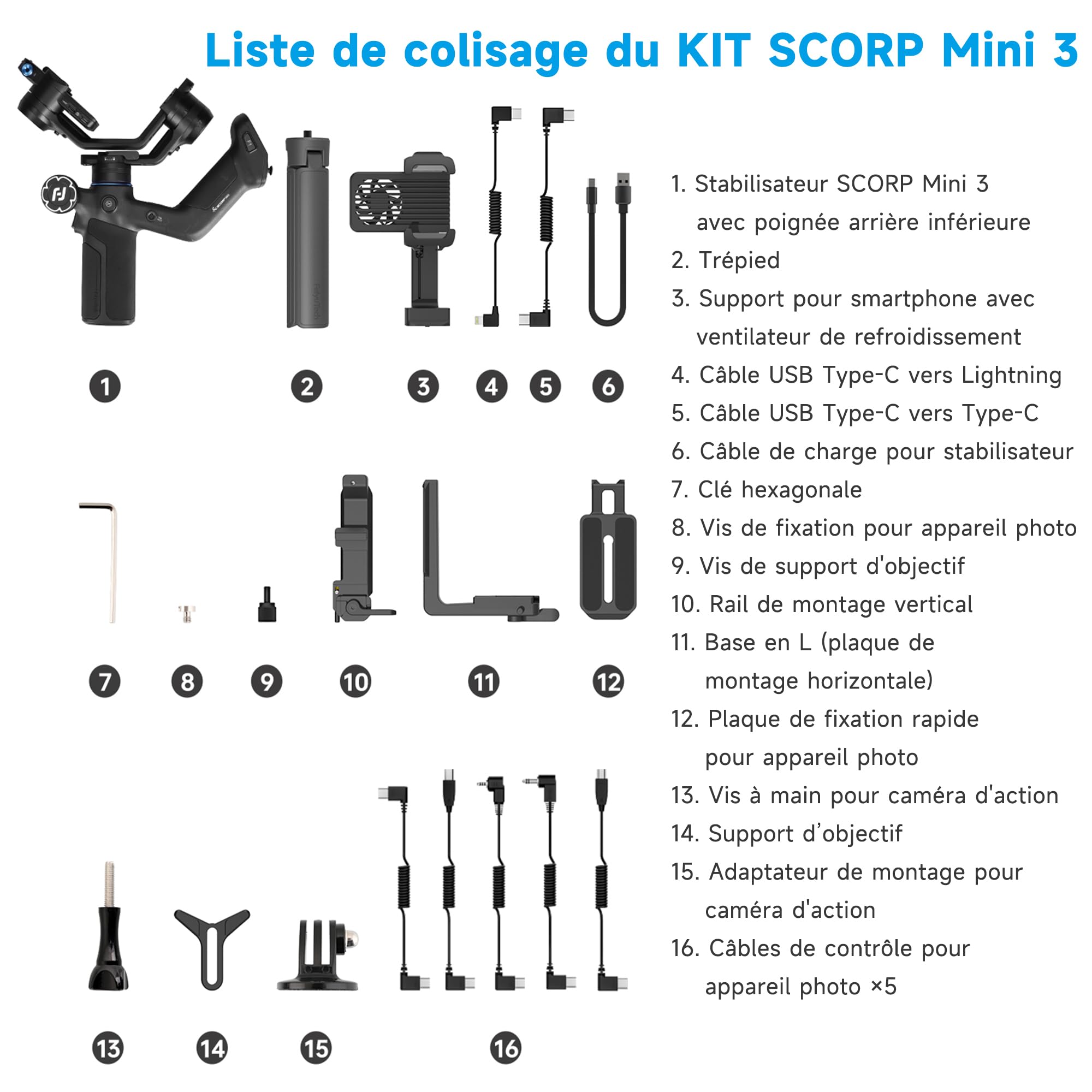 Feiyu SCORP Mini 3 KIT [OFFICIEL] Stabilisateur 3 Axes avec Suivi IA 4.0 pour Appareils Photo Reflex/Mirrorless/Action Cam,Smartphone,Charge utile 2KG,Support Phone avec Ventilateur de Refroidissement