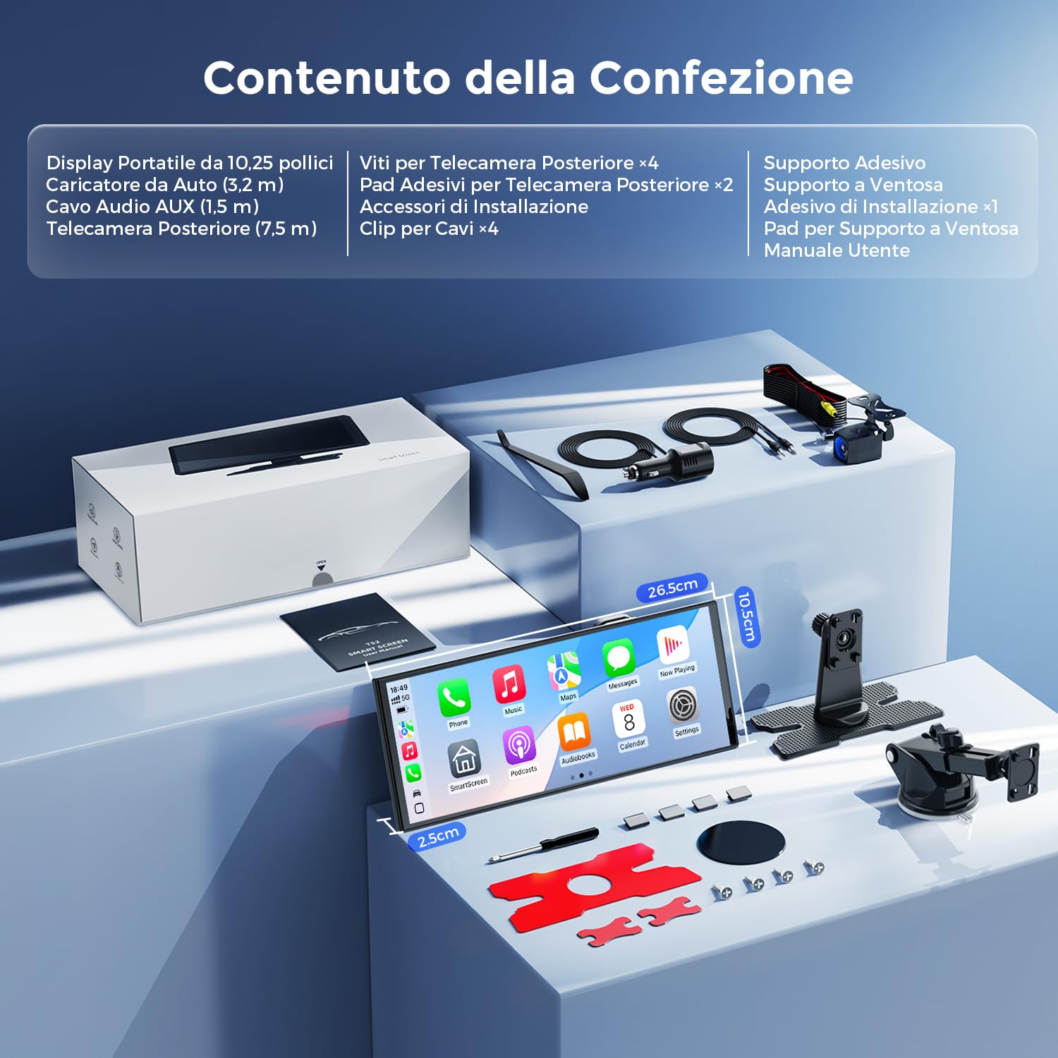 Avylet Schermo CarPlay da 10,25" con BSD AI Posteriore, Dash Cam Doppia 4K, Apple CarPlay e Android Auto Wireless, 60FPS 1920×720, Mirror Link, GPS, Navigazione, Controllo Vocale, Scheda TF 64GB