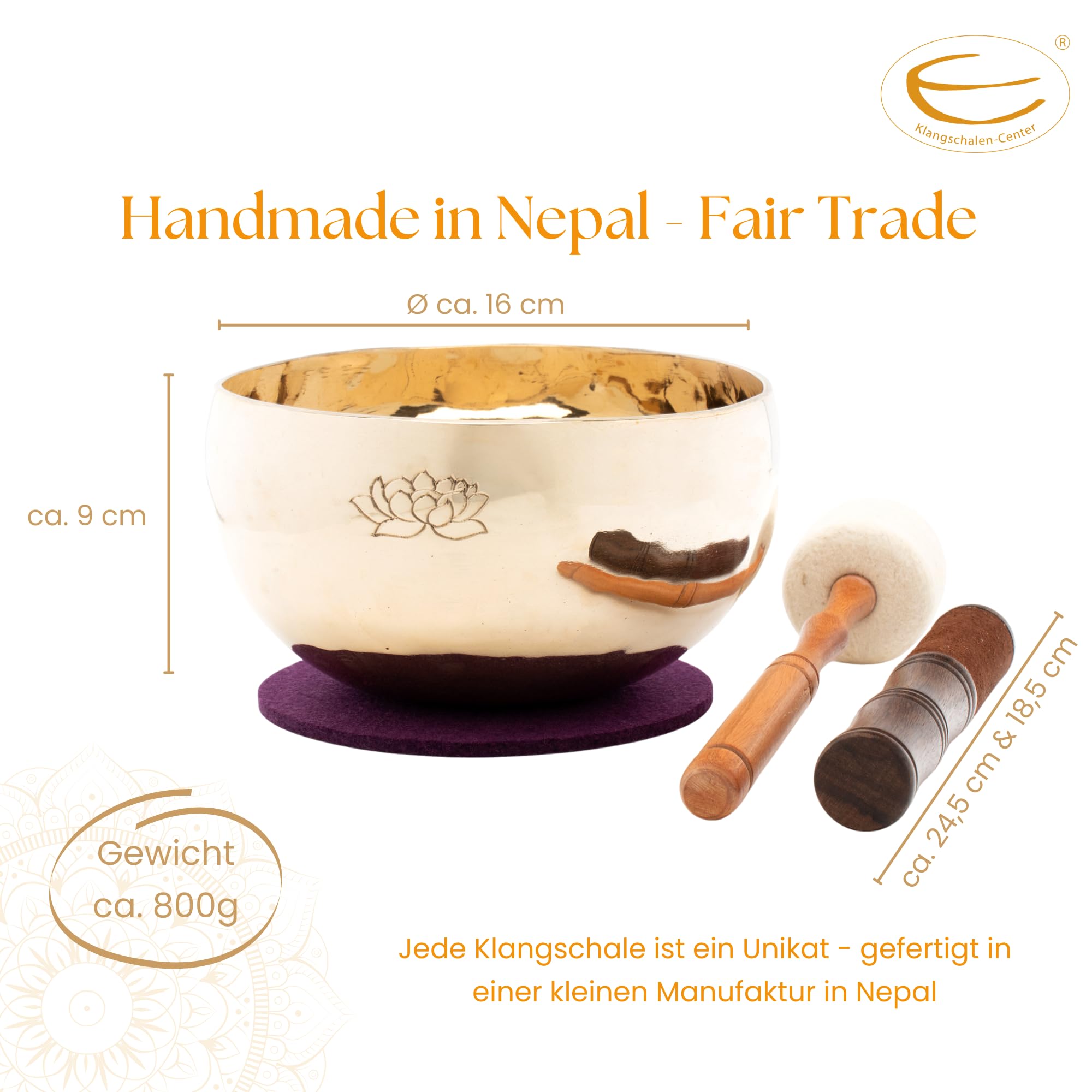 Klangschale, 750-800g mit Lotus-Gravur, handgeschmiedet | Fair Trade aus Nepal, für Meditation und Yoga, inkl. Zubehör
