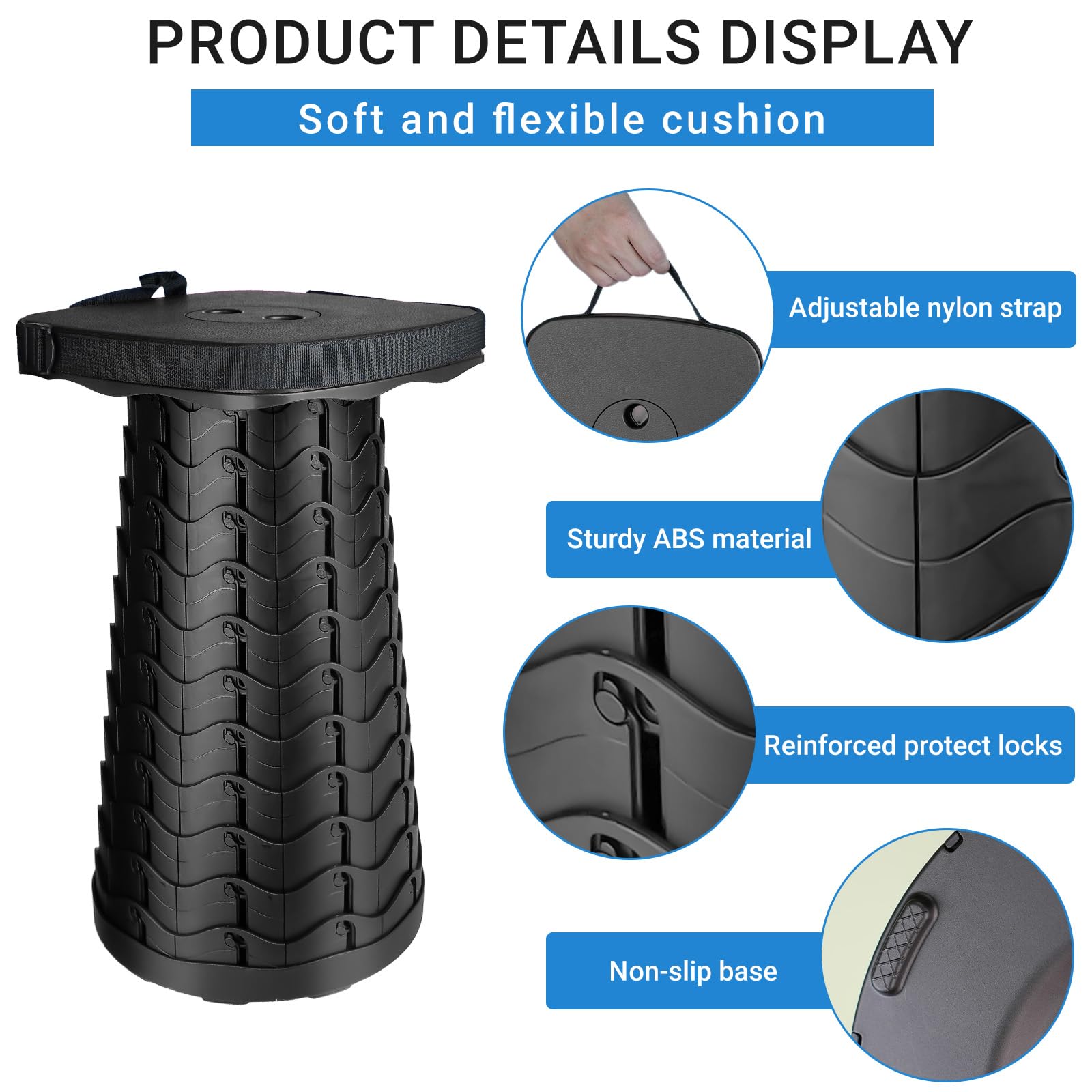 ZTMT Upgraded Square Folding Stool, Max Load Capacity 485lbs, Portable Collapsible Seat, Telescoping Foldable Stool for Camping,Fishing,Hiking,Travel