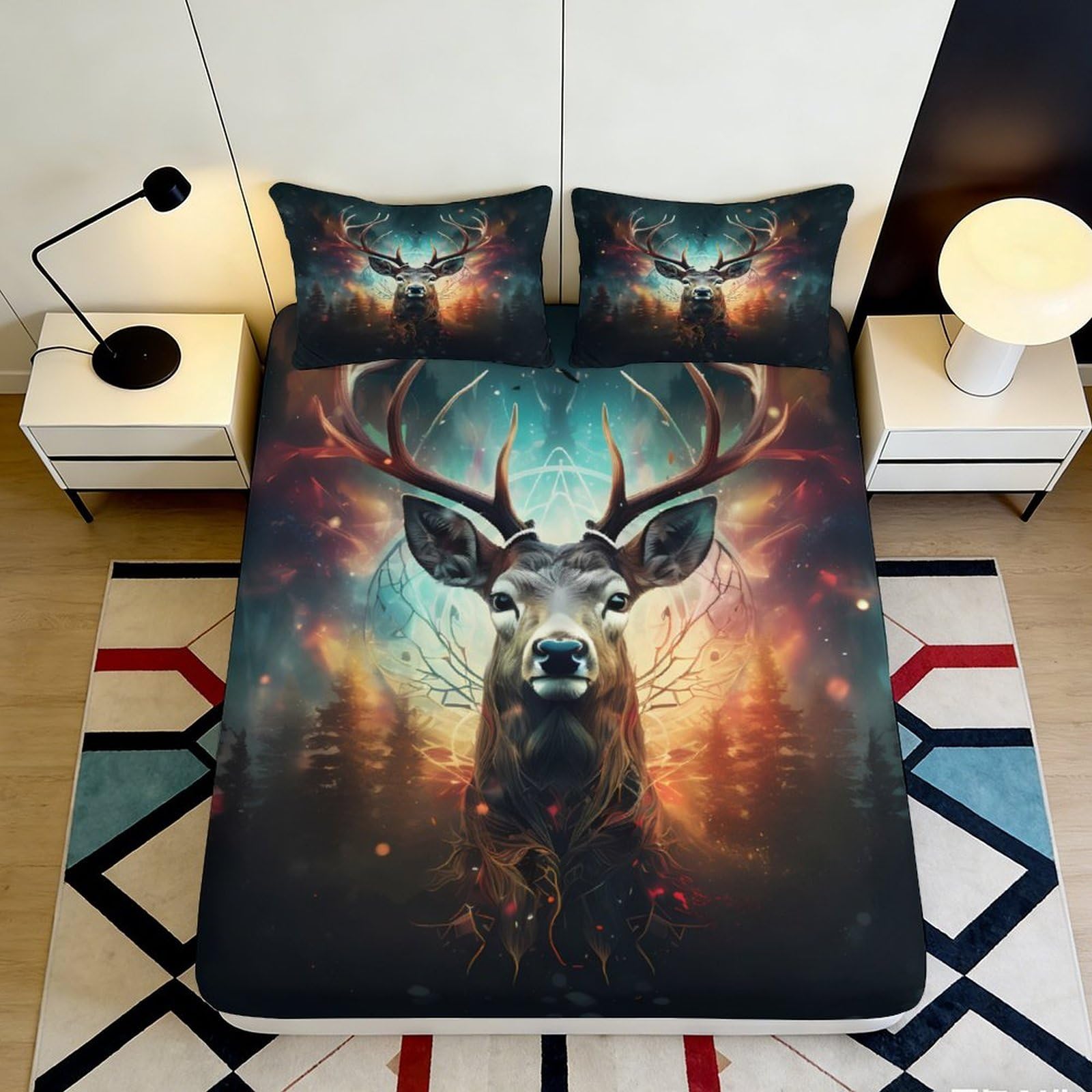 3D Printed Forest Deer Fitted Sheet Microfiber Soft Anti-Slip Abstract Elk Mattress Cover for Bedroom Guest Room Easy Care 120x200x25cm
