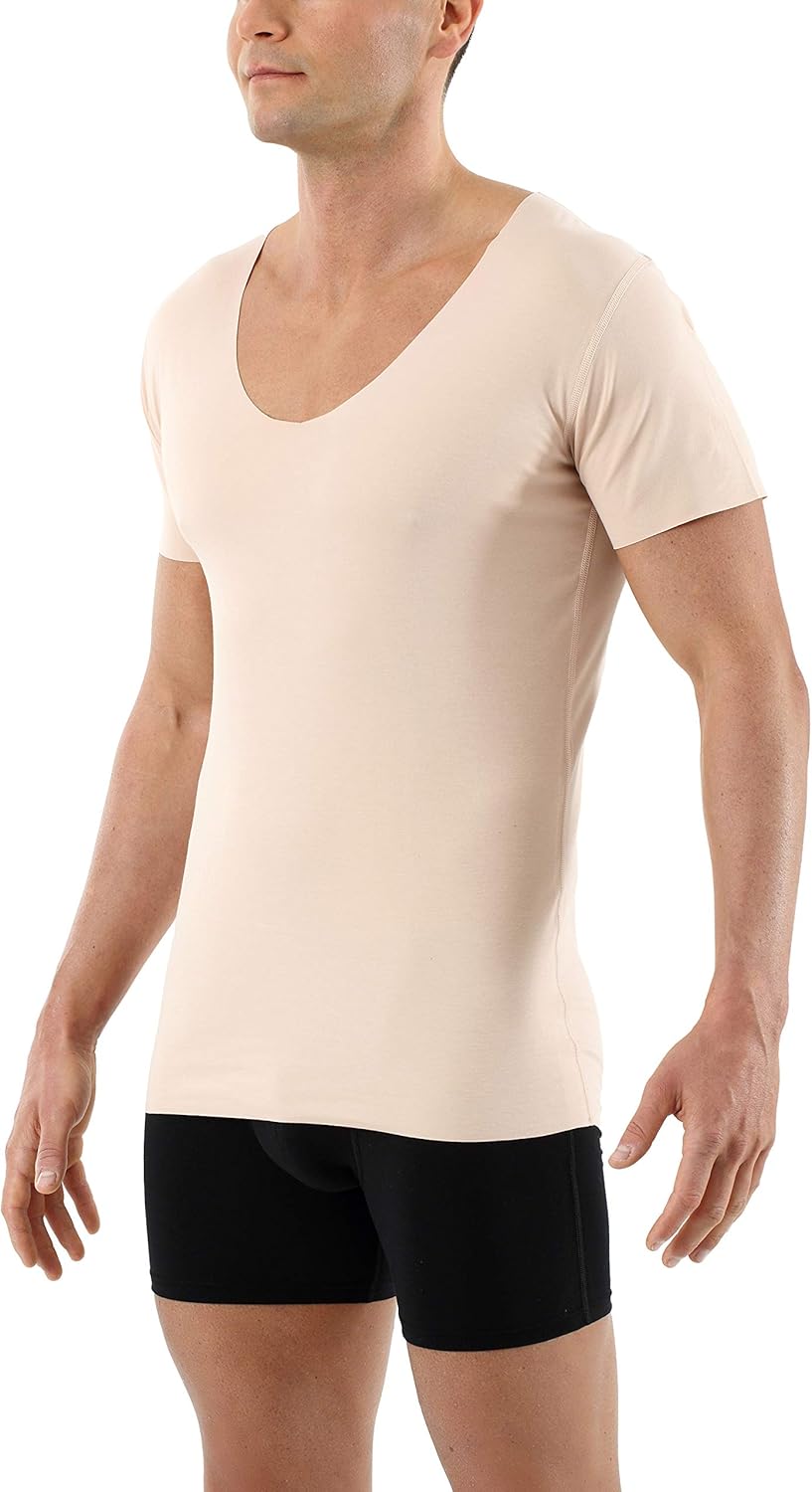 ALBERT KREUZ Men's Laser Cut Invisible Seamless deep v-Neck Undershirt Short Sleeves Stretch Cotton Beige