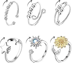 6 Pcs Women Adjustable Stress Relief Rings Anti-Stress Rings Women Stackable Anti-Stress Ring Swivel Various Styles Sloffy Stress Ring for Men Women Jewelry Gift, Non-precious metal, No