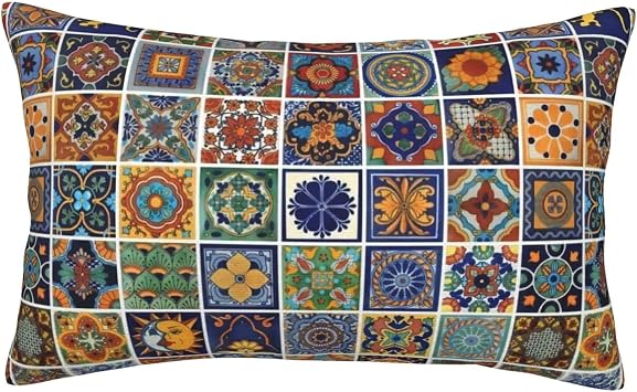 Mexican Talavera Ceramic Tile Pattern Ethnic Folk Throw Pillow Cover, Cushion Case Decoration for Sofa Couch 14"x20"