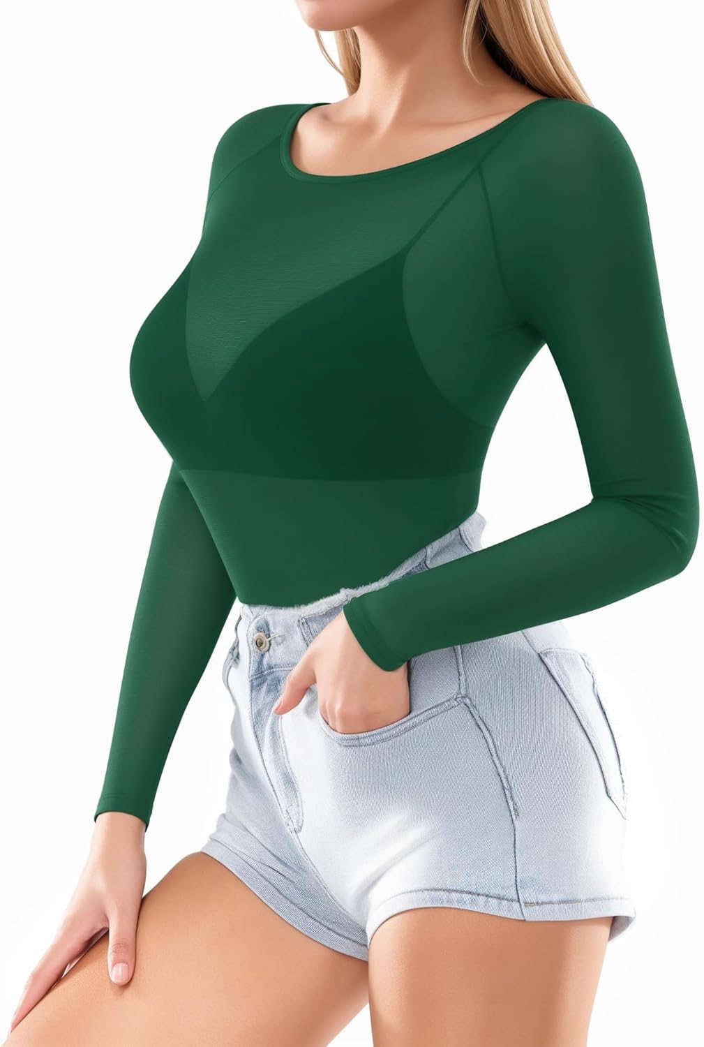 MANGOPOP Women's Mesh Tops Long Sleeve Sheer T Shirts See Through Blouse Bodycon Clubwear - Image 2