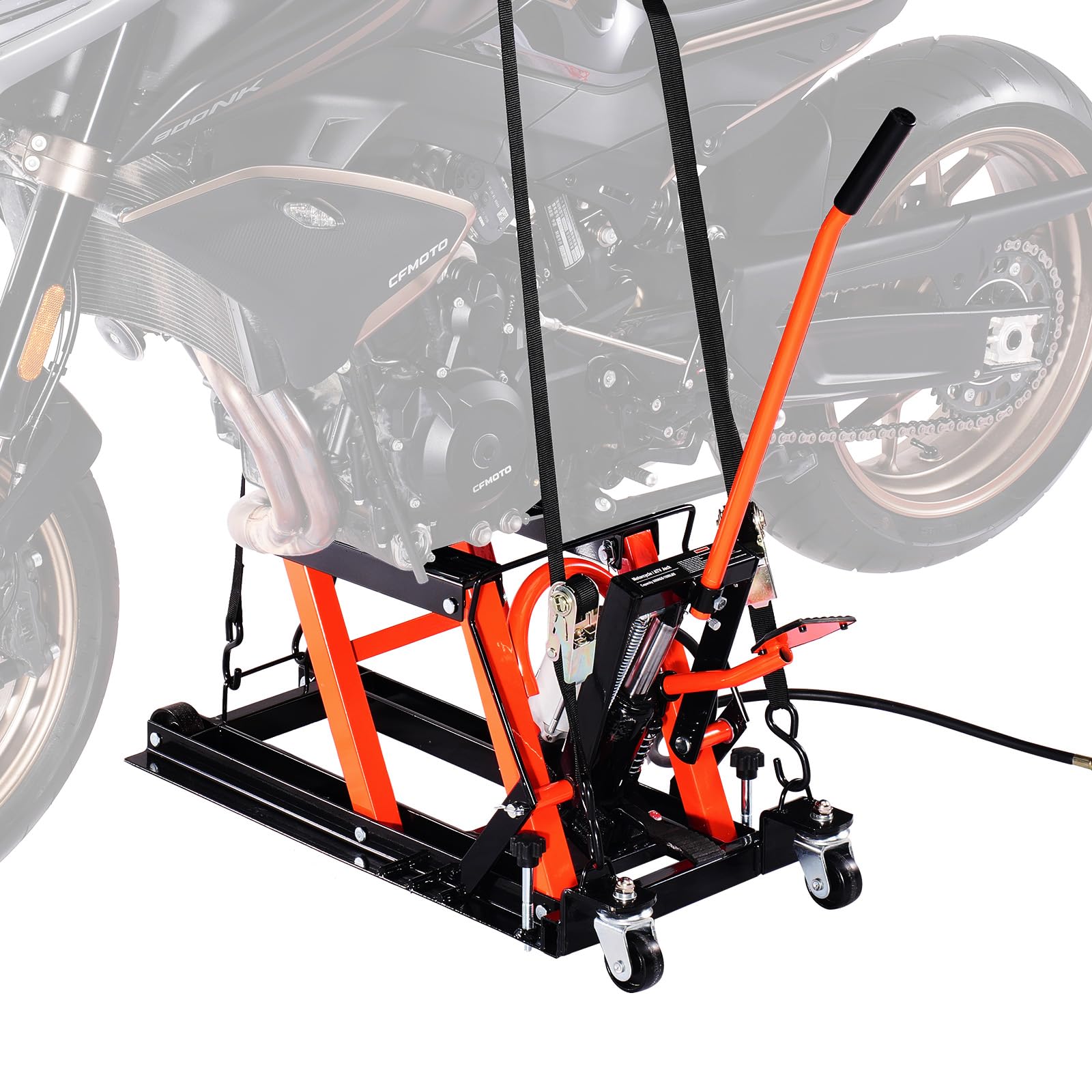 VEVOR Podnośnik motocyklowy, nośność 680 kg, hydrauliczny i pneumatyczny podnośnik motocyklowy, zakres wysokości 10–38 cm, wytrzymały stojak naprawczy do roweru ze zdejmowaną rampą z 2 kółkami do