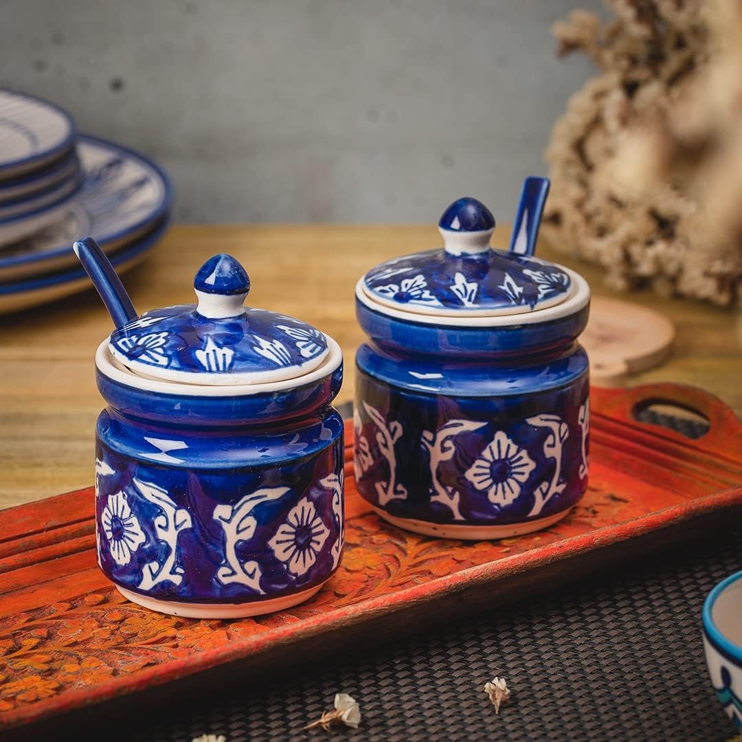 HS HINDUSTANI SAUDAGAR Ceramic Mughal Art Hand Painted Jar Set with 2 Spoon & Matching Lid for Storage Pickle (Blue) 300 ML
