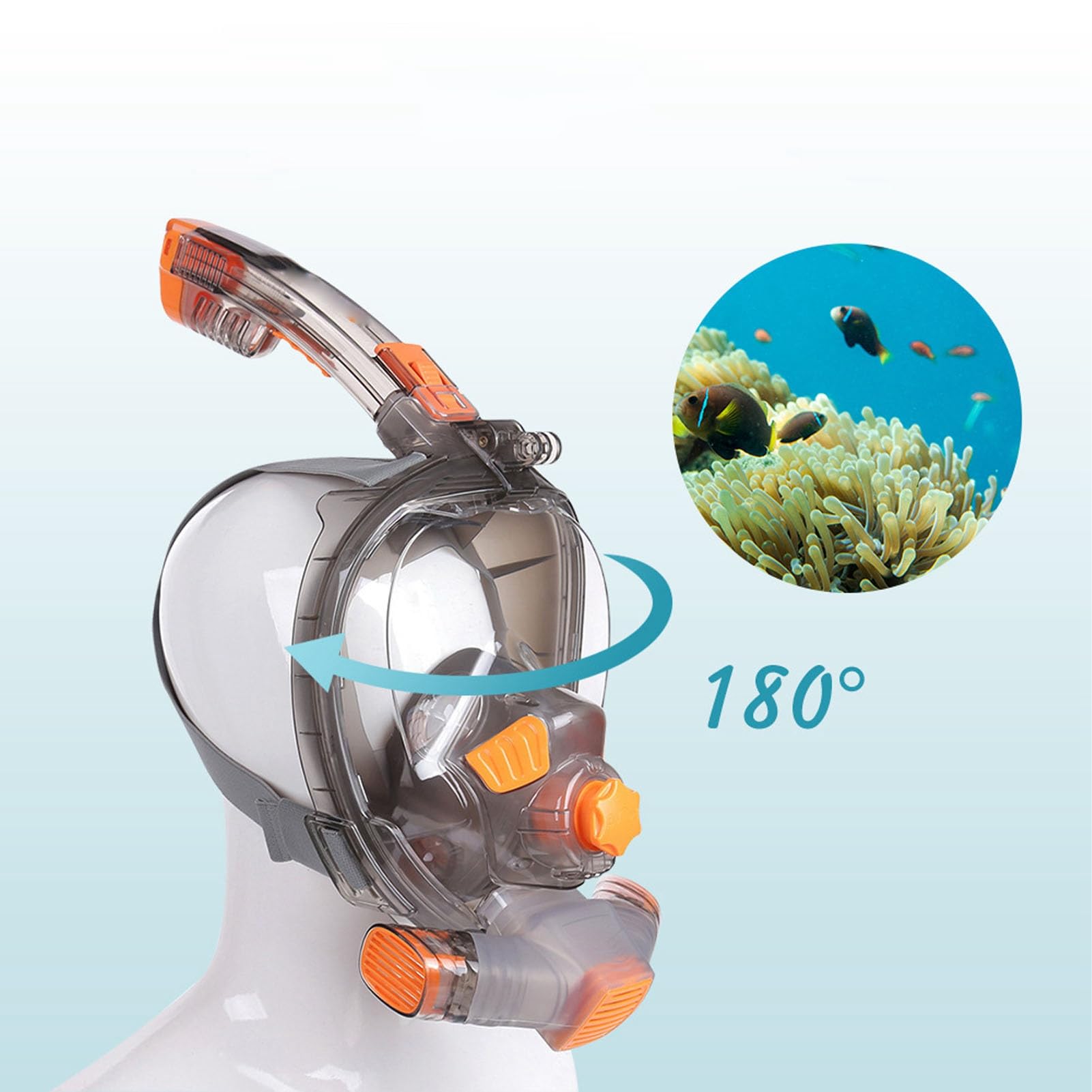 Gafas de Snorkel de Cara Completa, Vista Panorámica de 180 Grados, Antivaho, Ligeras para Bucear en la Playa, Naranja y Gris