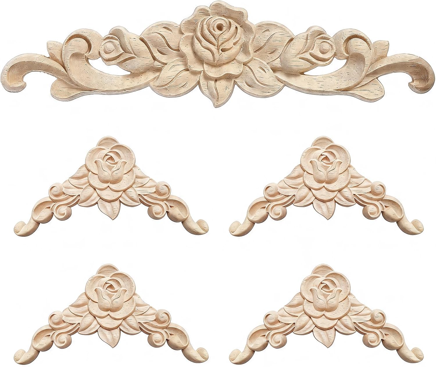 5pcs Wooden Appliques Set with 1 Long and 4 Right-Angle Wood Appliques for Furniture, Wooden Roses Decorative Carved Appliques for Cabinet Door Bed Wardrobe DIY Home Decor