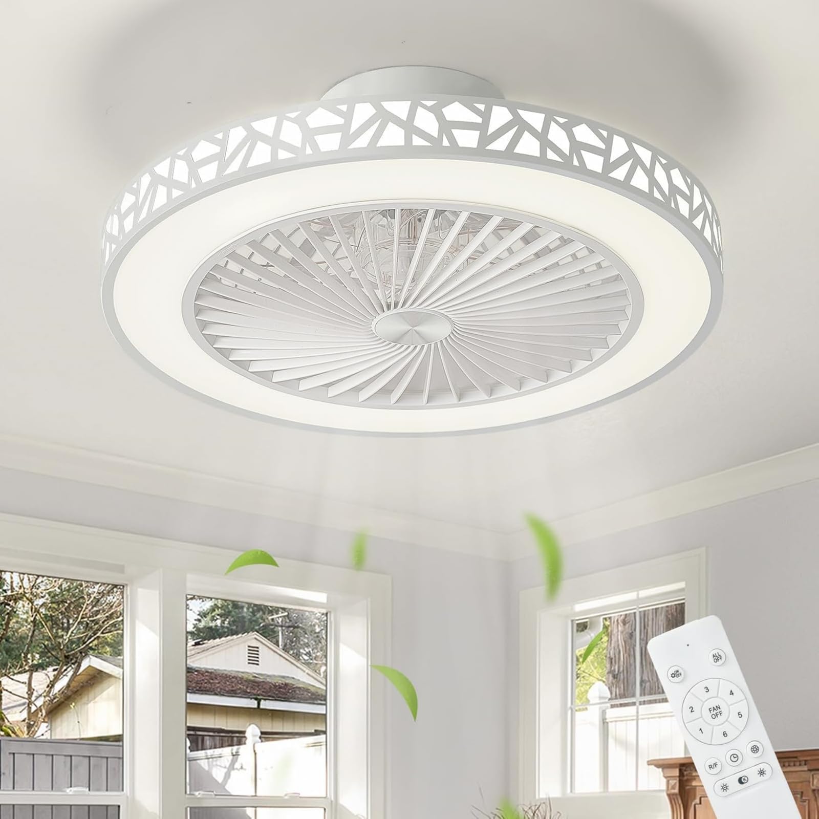 Ceiling Fans with Lights and Remote 48cm Modern White Iron Low Profile Reversible Bladeless 6 Speeds Quiet Ceiling Fans with Lamps Dimmable LED Flush Mount Ceiling Fan Light Timer for Bedroom, Kitchen