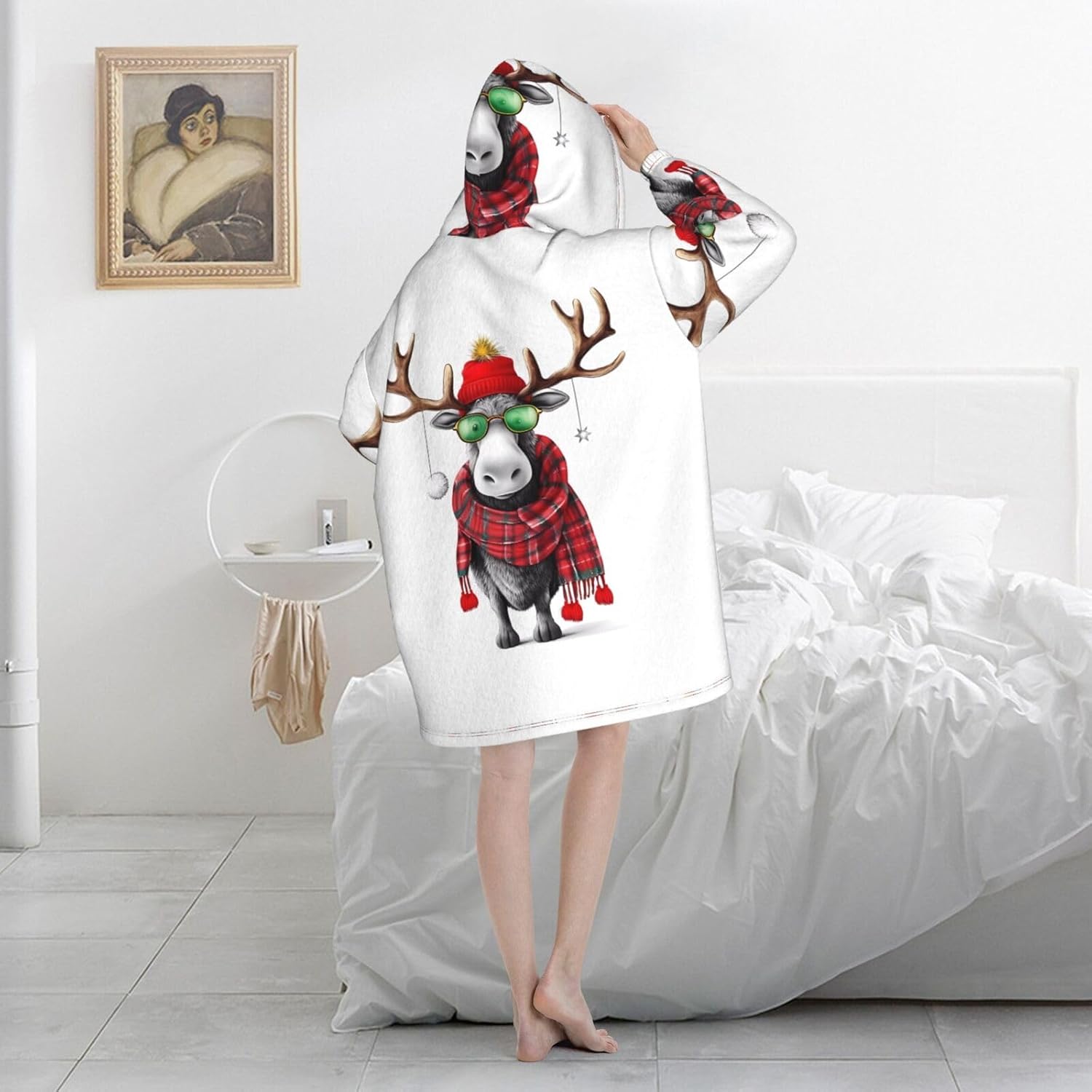 Funny Christmas Moose Print Blanket Hoodie Fleece Sweatshirt Blanket With Sleeves And Pockets
