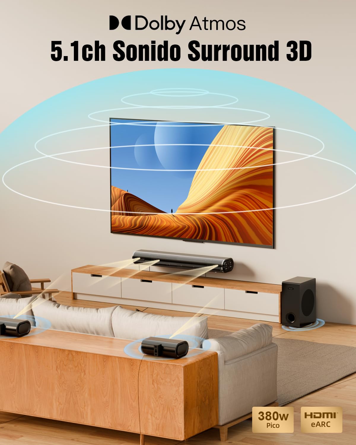 Hiwill 5.1CH Barra de Sonido TV, Dolby Atmos Soundbar Home Cinema Surround, 2 Altavoces Surround Cableados, Barra Sonido PC Bluetooth con Subwoofer 5.25'', 380W de Potencia Pico, eARC/Opt, 2025