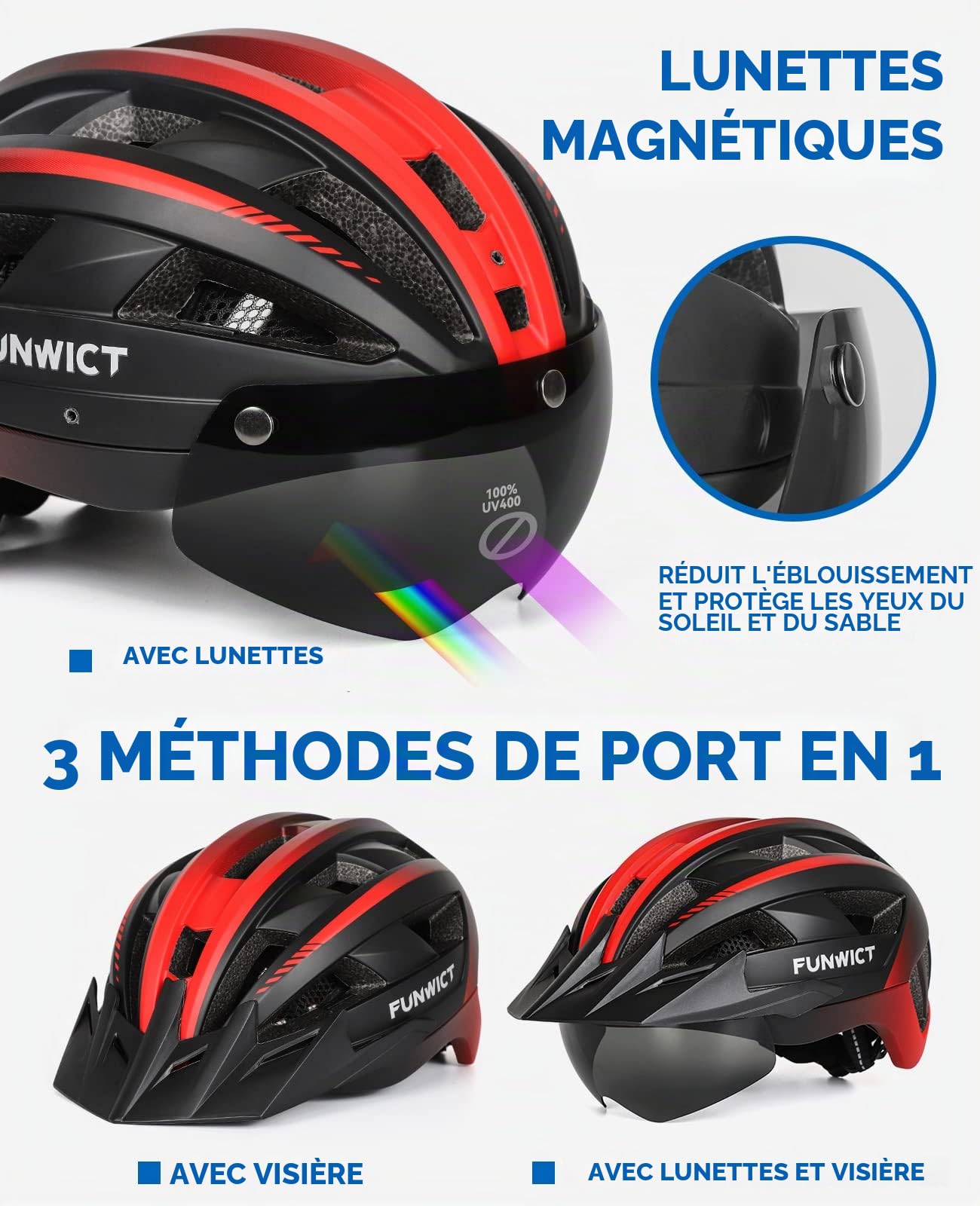 Casque Velo Homme Femme avec Visiere et Lunettes, Casque Vélo Casques VTT avec Feu Arrière à LED Rechargeable, Casque Cyclisme pour Adulte et Adolescent (L: 57-61 cm, Noir et Rouge)
