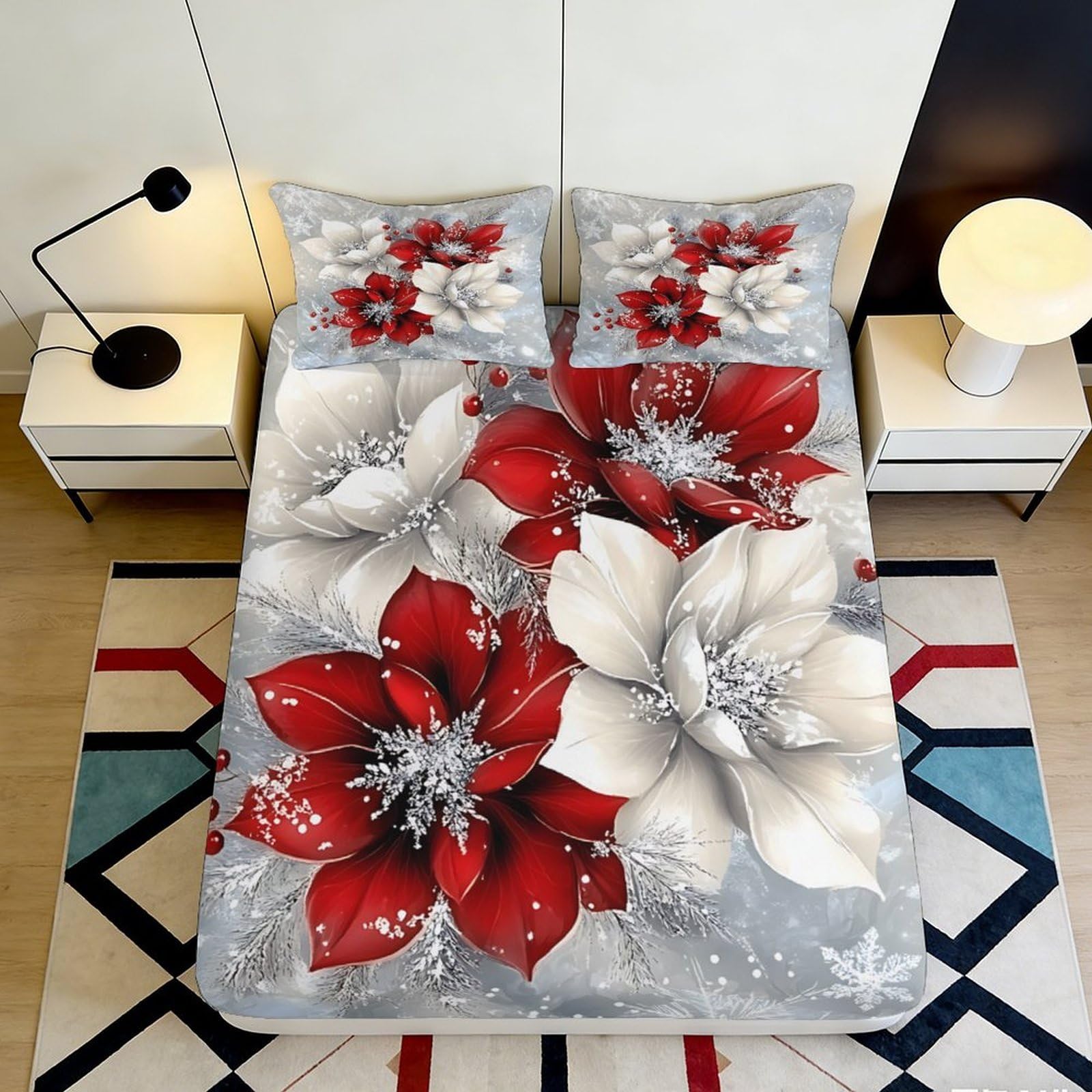 3D Printed Red White Flower Fitted Sheet Microfiber Soft Grey Blossom Mattress Cover Bedroom Dorm Décor 90x200x25cm