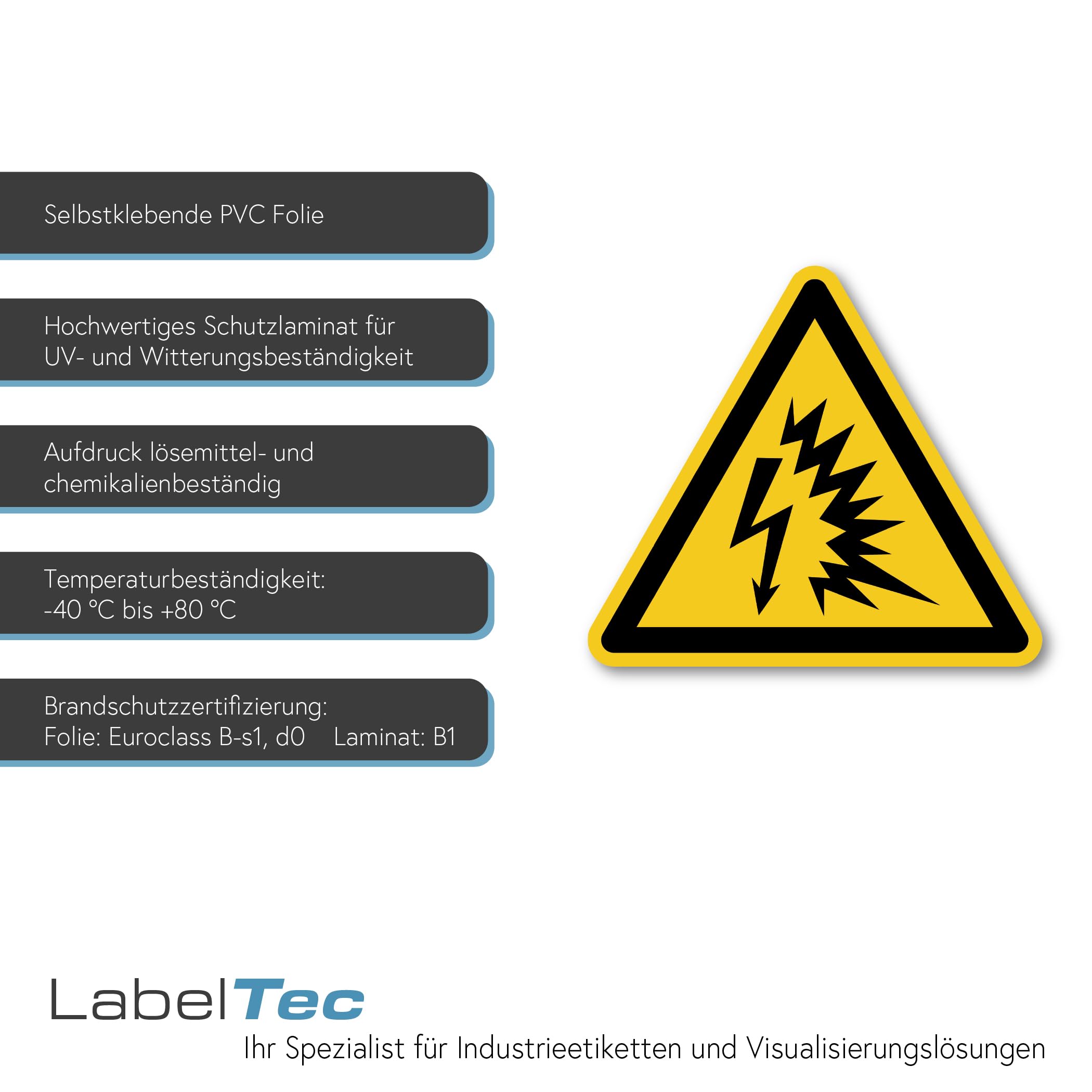 Señal de advertencia de arco eléctrico según DIN EN ISO 7010 ASR A1.3 W042 – Adhesivo de seguridad eléctrico para distribuidor de máquinas LTI035 (100, 200 mm)