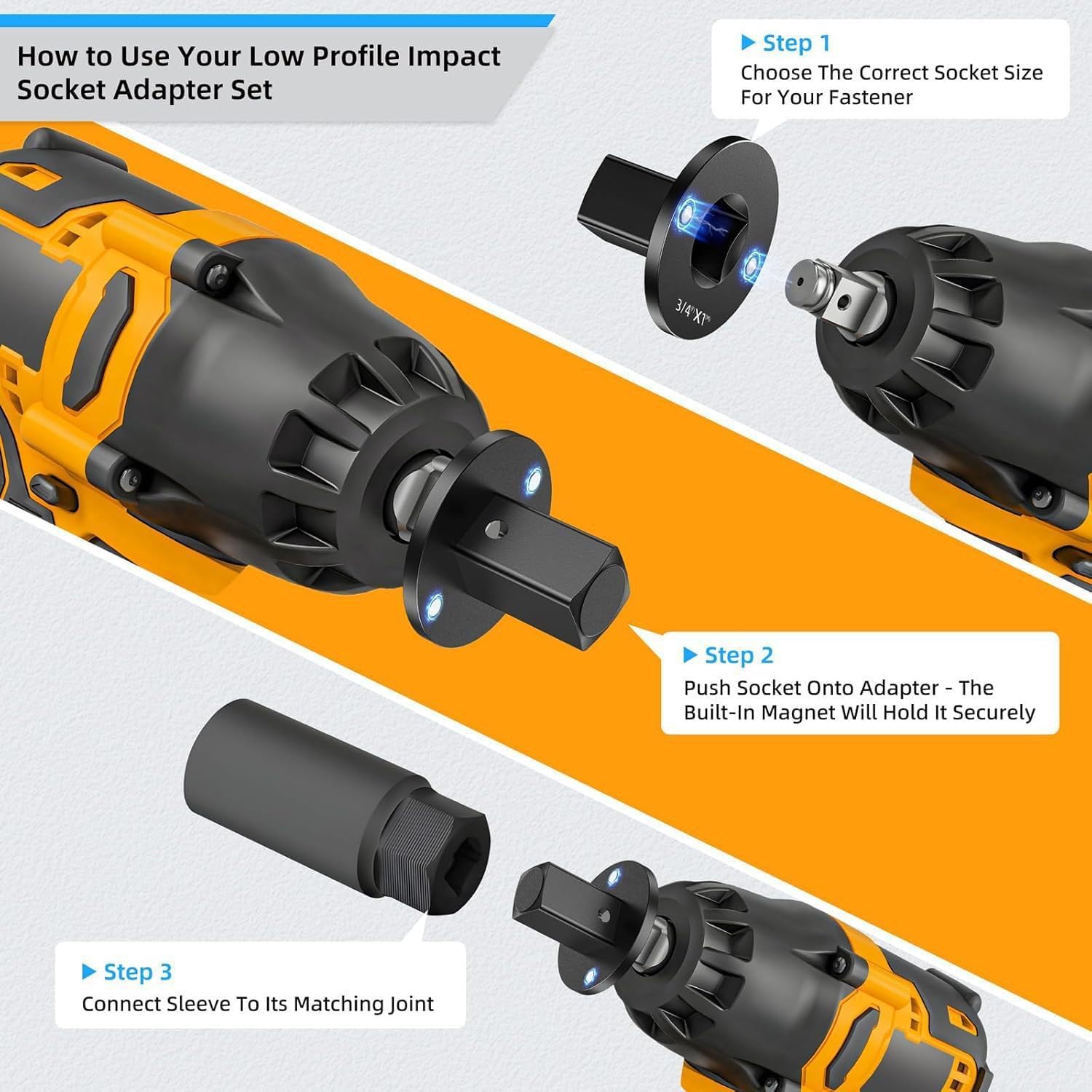 Low-Profile Impact Socket Adapter Set, 4pcs Magnetic Drive Ratchet Adapter Set, Includes 3/8“ to 1/2”, 1/4“ to 3/8”, 1/2“ to 3/4”, and 3/4“ to 1” Sizes for Tight Spaces