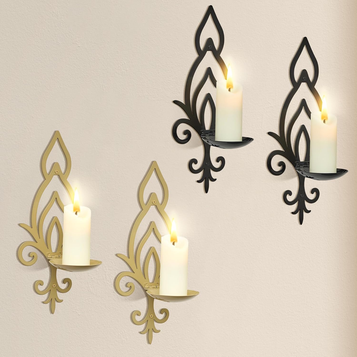 Wall Candle Sconces Set of 2, Modern Minimalist Flower-Shaped Metal Wall Candle Holders(Golden Tan&Black)