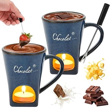 1Pcs/2 Pcs Chocolate Fondue Mug with 1& 2 Fork Chocolate Melt Cup Ceramic Hot Pot Melting Cup Butterwarmer Pot Set Tea Light Heated Fondue Warming Mug for Sweet Party Gradient Blove 2pcs