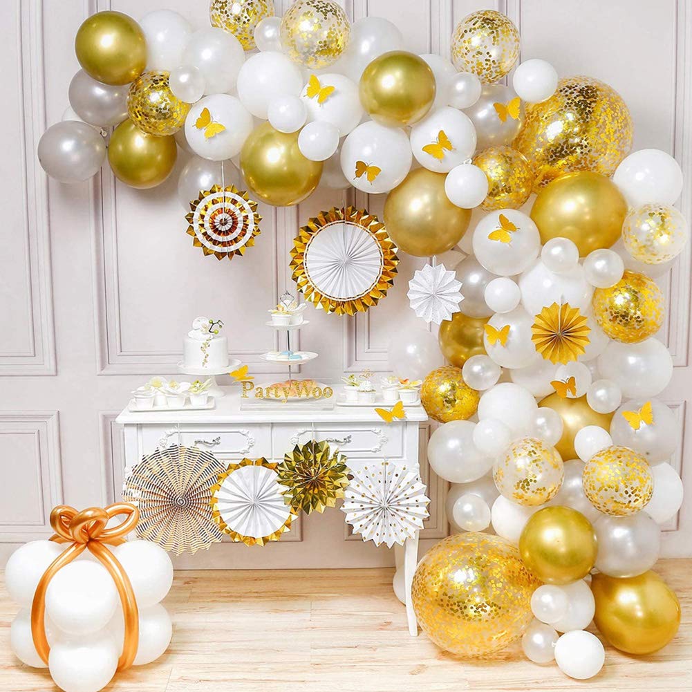 Kit de guirnalda de globos azul marino y dorado, 114 piezas de 8 abanicos de papel, borla dorada, globos de confeti gigantes, globos dorados 4D, para decoraciones de fiesta de oro azul marino