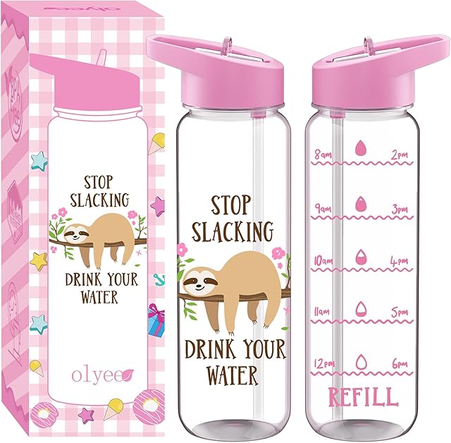Miuse 24oz Motivational Sports Water Bottle with Time Marker, 720ml Water Bottle with Straw Leakproof BPA-Free Water Bottle for Children Cycling, Hiking(Sloth)