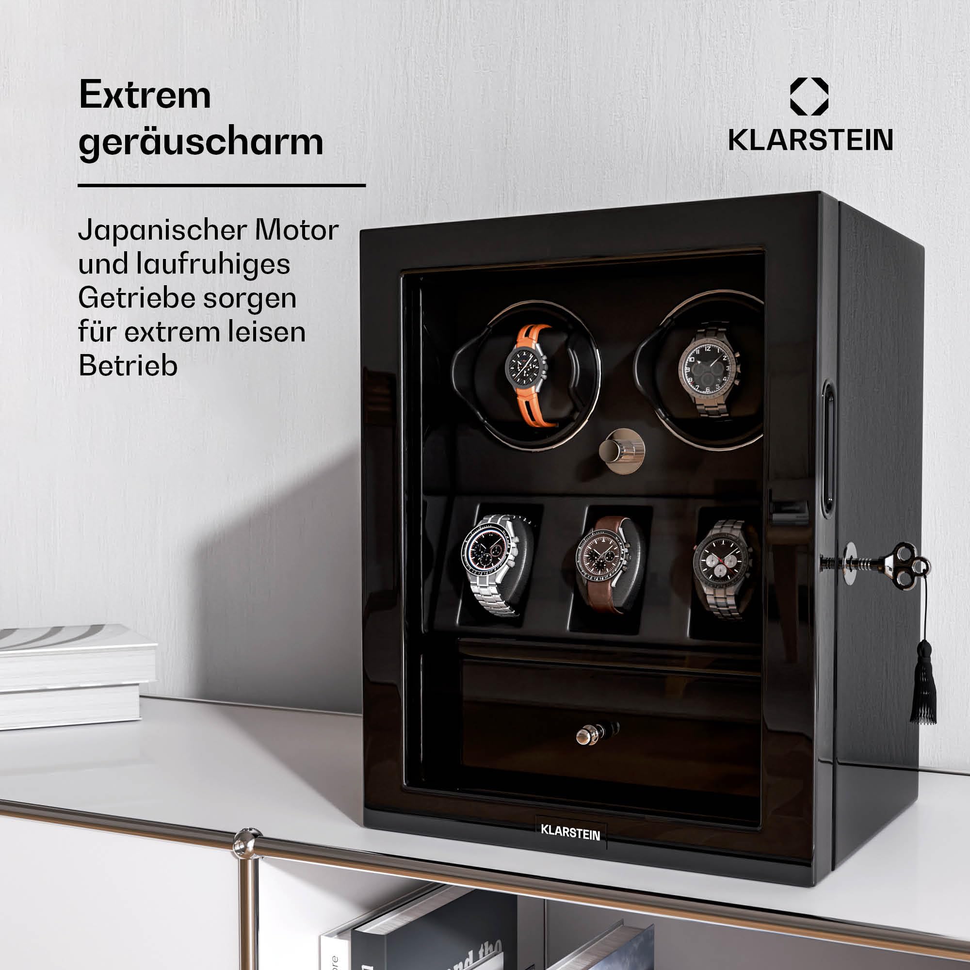 Klarstein ChronoVault Uhrenbeweger für 5 Uhren – Automatik-Uhrenbeweger mit Leisem Japanischem Motor, Veganes Leder, 4 Rotationsmodi & 3 Richtungen, LED-Beleuchtung & Schmuckschublade