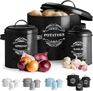 Rieeyrslza Set of 3 Potato Onion Garlic Storage Bins Kitchen Vegetable Storage Tins Potato Storage Jars with Lids Onion St...