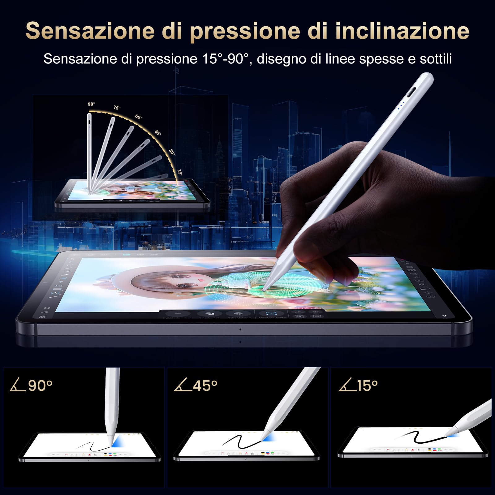 BAZO Penna Compatibile con iPad 2018-2025, Penna per iPad Palm Rejection, Ricarica rapida, Sensibilità All'inclinazione, per ipad 11 A16/10/9/8/7/6,Pro 11/12.9,Air 3/4/5/M2/M3,Mini 5/6. bs