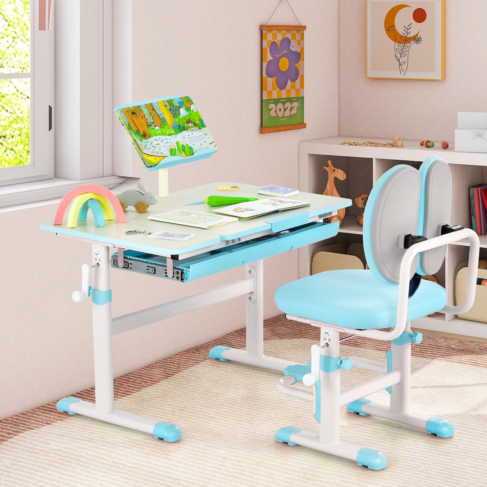 DREAMADE Kinderschreibtisch höhenverstellbar, Schülerschreibtisch neigungsverstellbar, Schreibtisch Kinder, Jugendschreibtisch mit Bücherständer und Schublade (Blau)