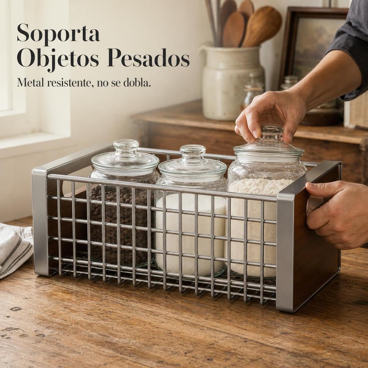 Cesta Almacenamiento Metal Retro con para Organización l Hogar, para encimeras - para lavanría, Estante de almacenamiento de aperitivos pequeño galvanizado - 1 nivel - tablero de madera