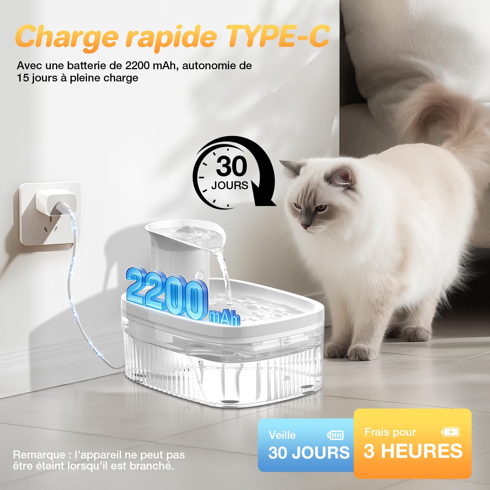 Fontaine a Eau Chat sans Fil 2,5 L, Abreuvoir Silencieux pour Chat