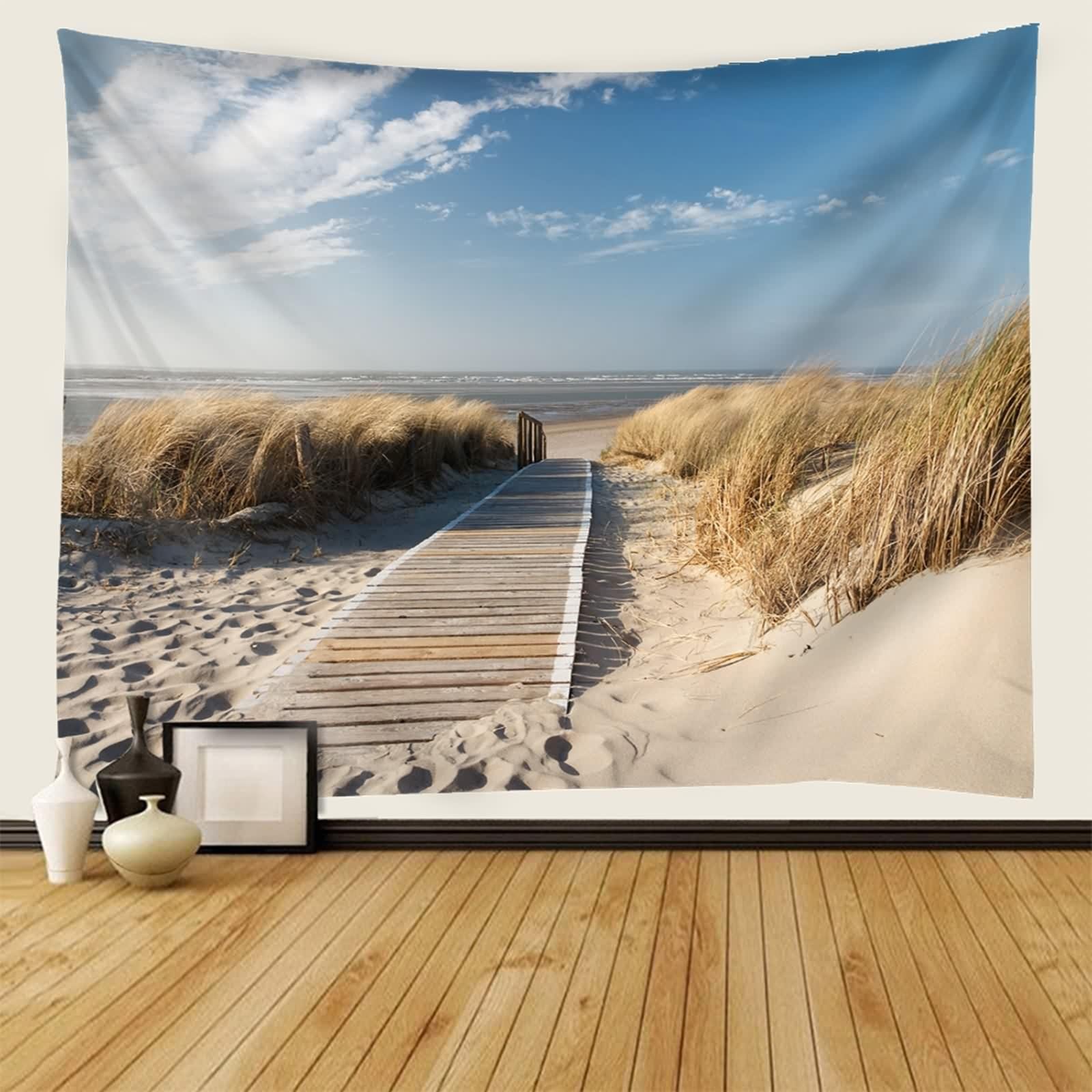 Dsnyu Dywan ścienny XXL, gobelin, żółty, beżowy, na plażę, trzcina, dekoracja ścienna do sypialni, salonu, poliester, 350 x 256 cm