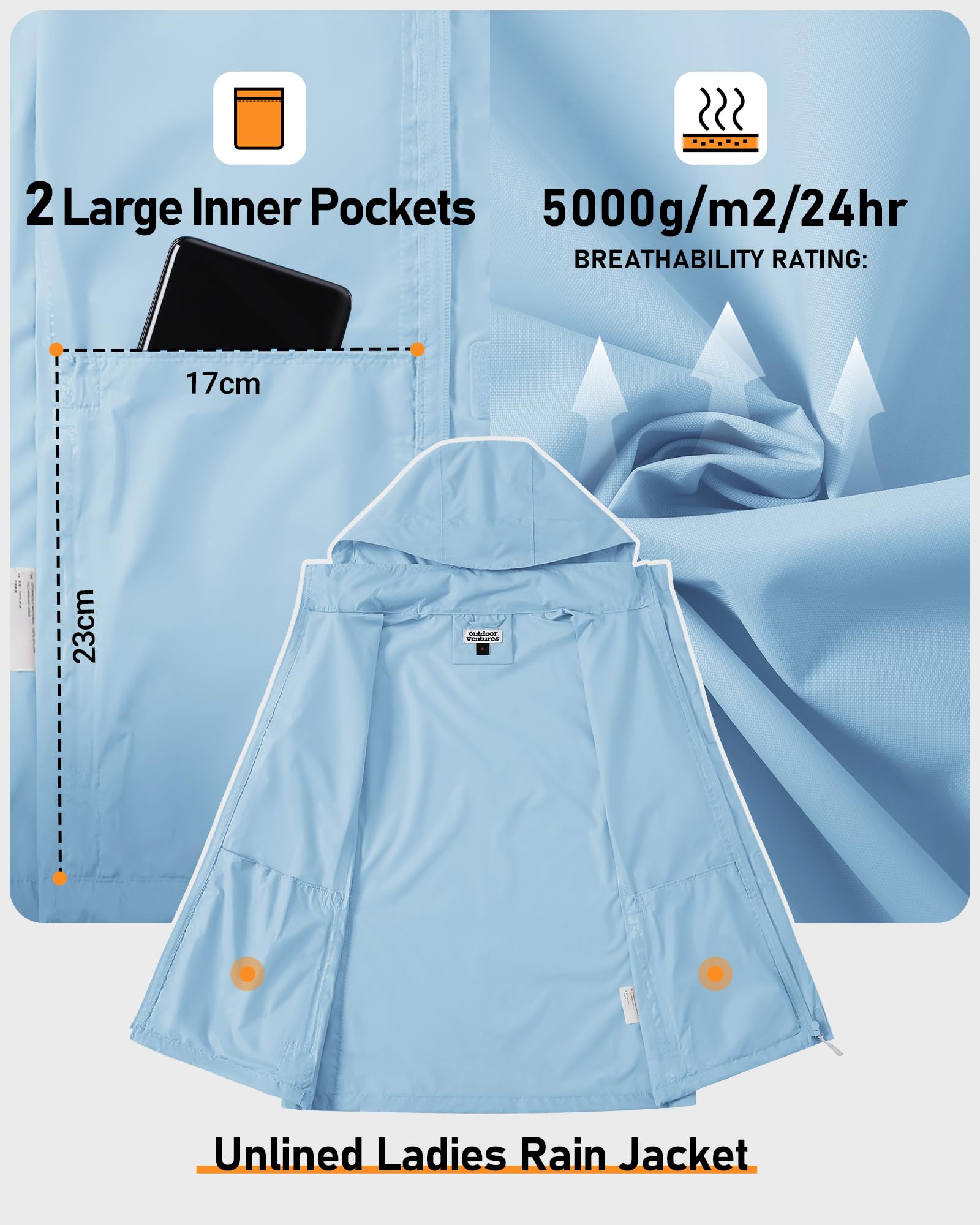 Outdoor Ventures Giacca impermeabile da donna, leggera, con cappuccio, per le mezze stagioni, da ciclismo, per attività all'aria aperta