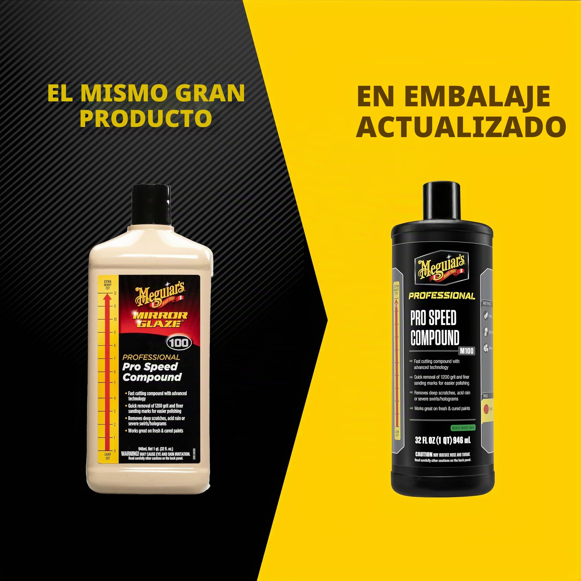 Meguiar's M100 PRO SPEED COMPOUND, Compuesto de Corte Rápido con Tecnología Avanzada, Óxido de Aluminio, 1200, Compatible con Acero, Aluminio, Plástico, Composite, 946 ml