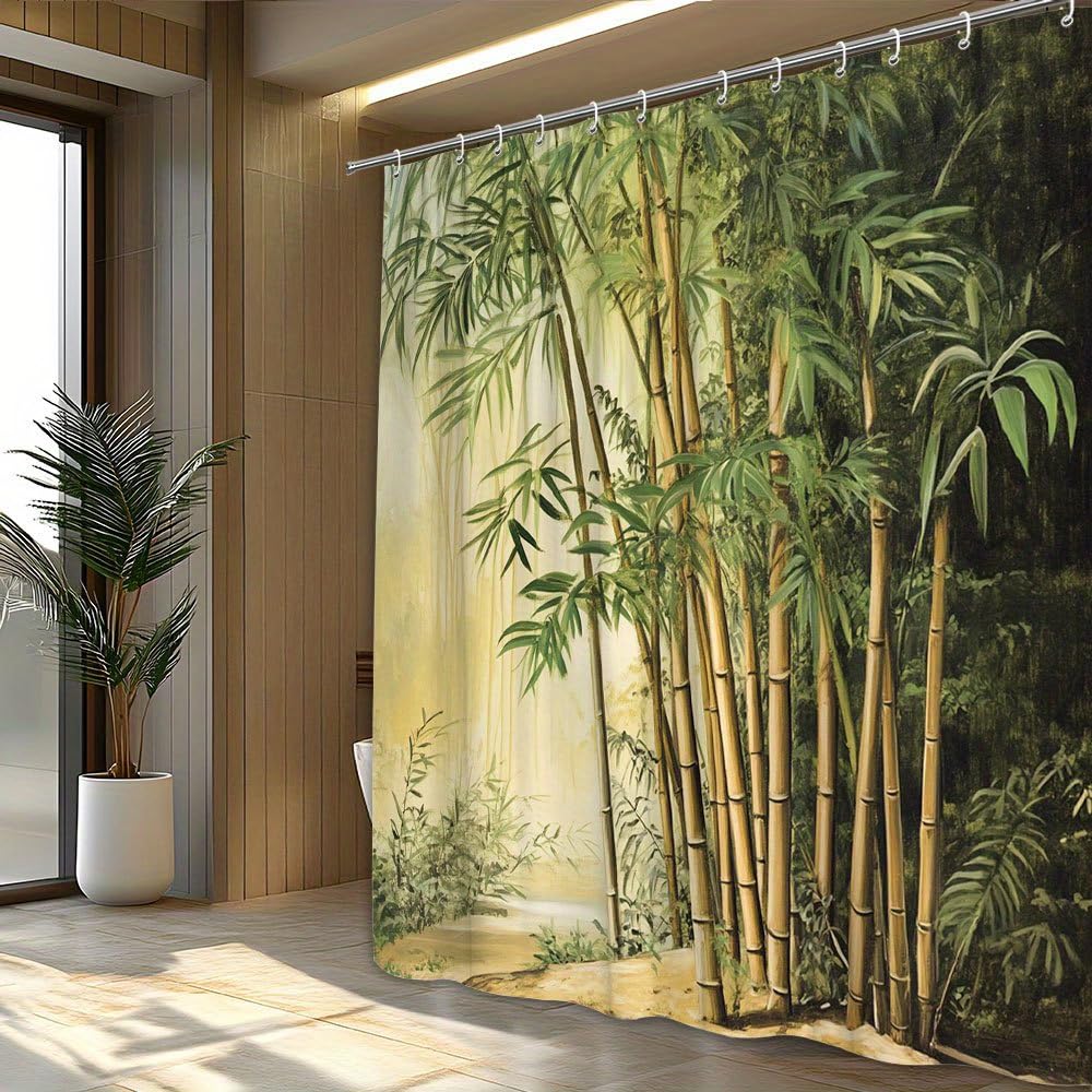 Cortina de Ducha con diseño de Bosque de bambú, Ambiente Tropical Sereno con Tallos Altos de bambú y luz Tenue. Incluye 12 Ganchos (180 x 300 cm / 71 x 118 Pulgadas (Ancho x Alto)).