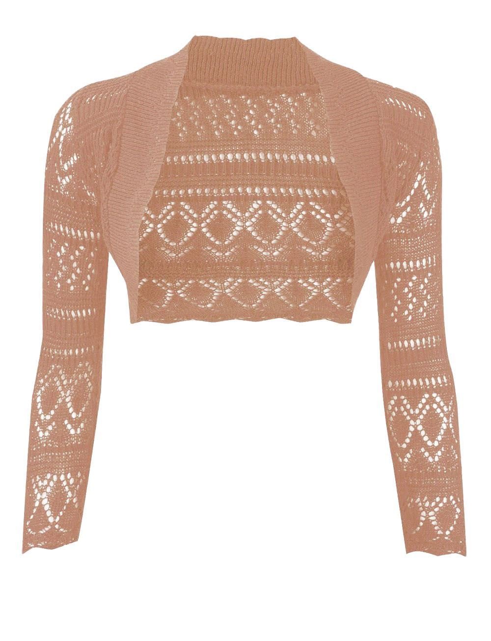 janisramone® Crochet Cardigans for Women Bolero Shrug for Women - Elegant Long Sleeve Knitted Shrug, Open Bolero Shrug for Women - Perfect for Layering Over Tops & Dresses Mocha