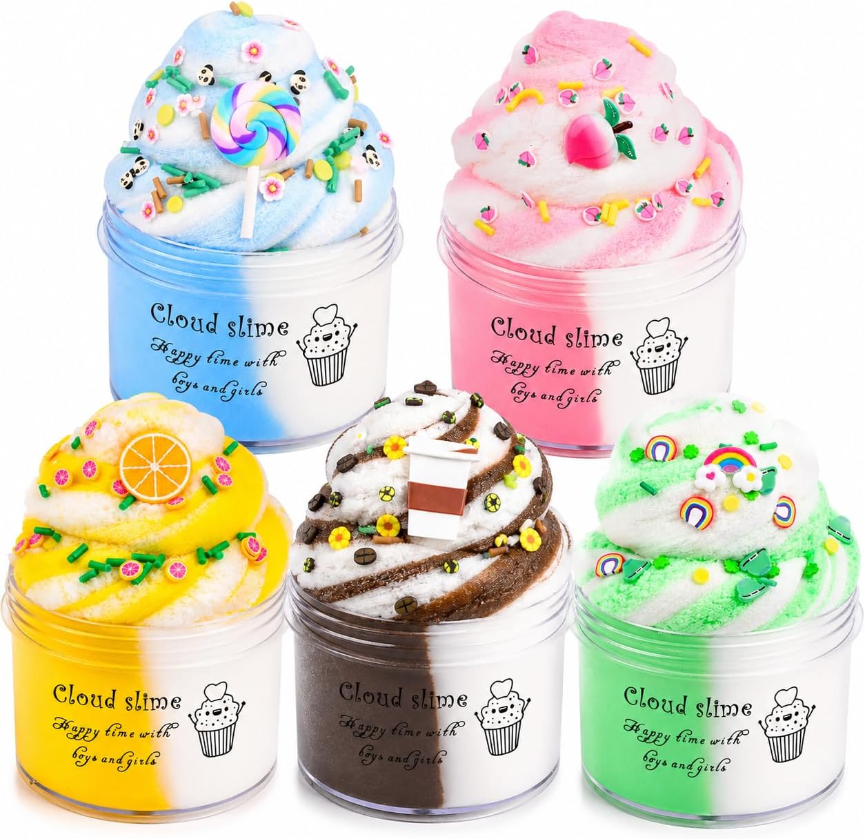 Cloud Slime Kit 5 Pack for Kids, Fluffy Slime with Cute Peach, Rainbow, Lemon & Coffee Charms, Soft Stretchy Non-Sticky Slime Toys for Girls Boys, Party Favour, Classroom Reward, Birthday Gift