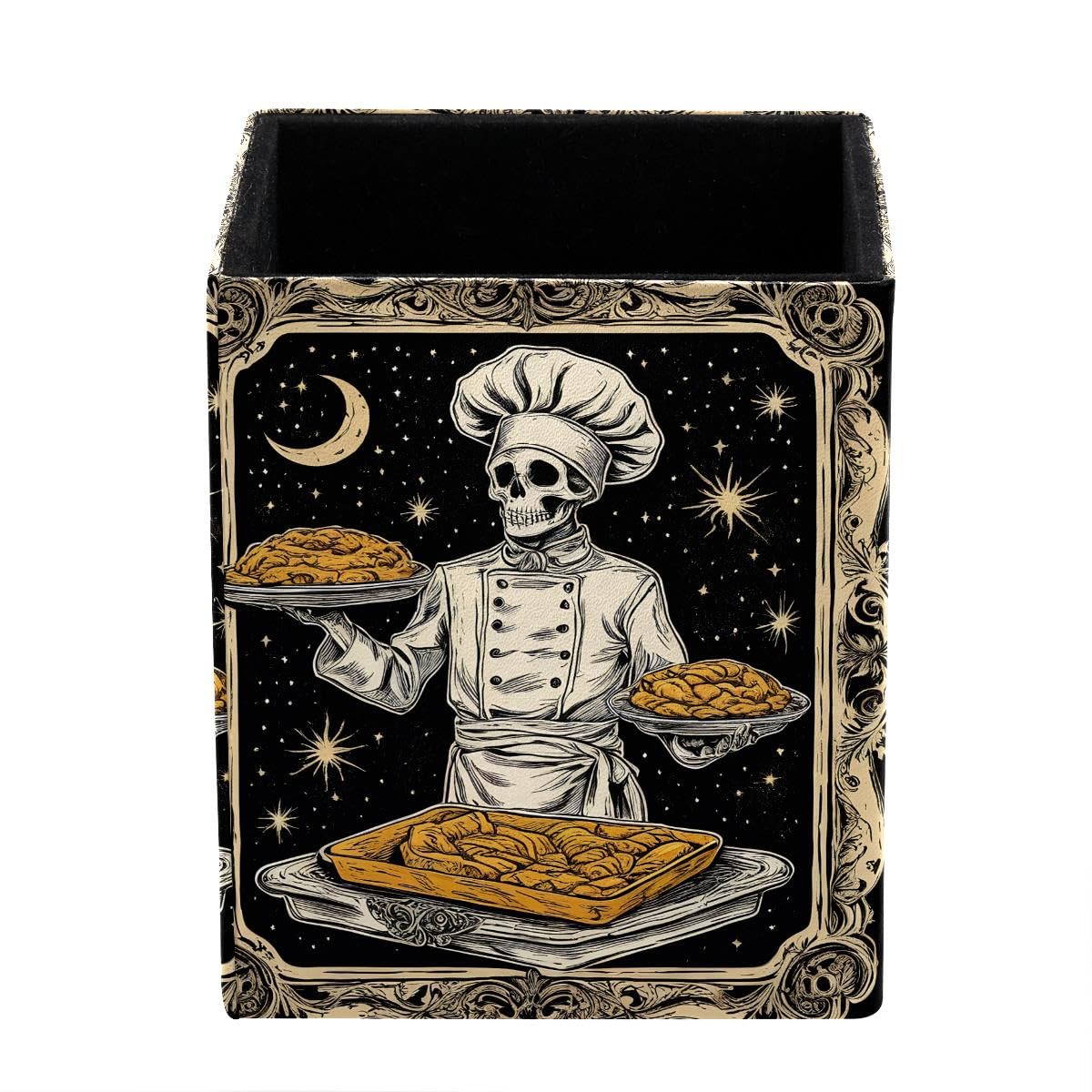 HEOEH Gothic Skeleton Pen Holder Pen Pot, Square Pencil Cup for Desk