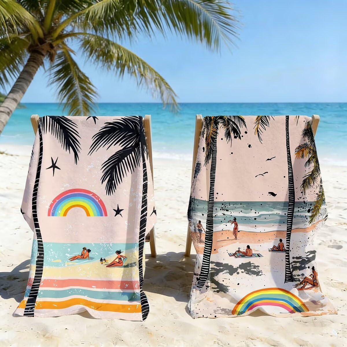Ręcznik plażowy z mikrofibry, duży ręcznik plażowy 100 x 220 cm 2 sztuki, męski damski ręcznik gimnastyczny, odporny na piasek ręczniki plażowe, szybkoschnące ręczniki z mikrofibry na plażę (krajobraz