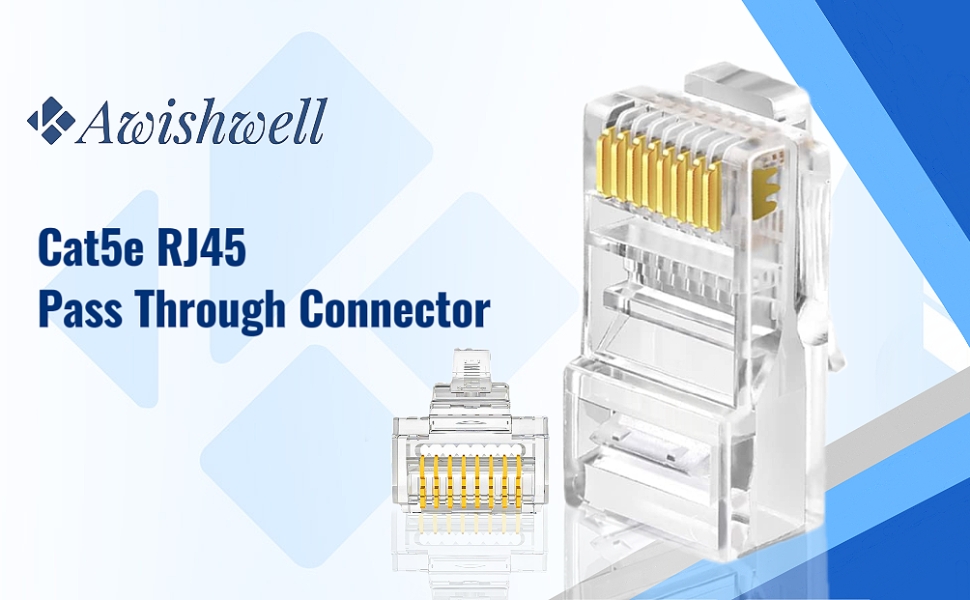 Image of 50 Pack Cat5e RJ45 Pass Through Connectors, UTP Ethernet Cable Ends | Awishwell Cat5 RJ45 Connector Plugs for Solid & Stranded Wire, Modular Crimp Ends for Network LAN Cable Termination