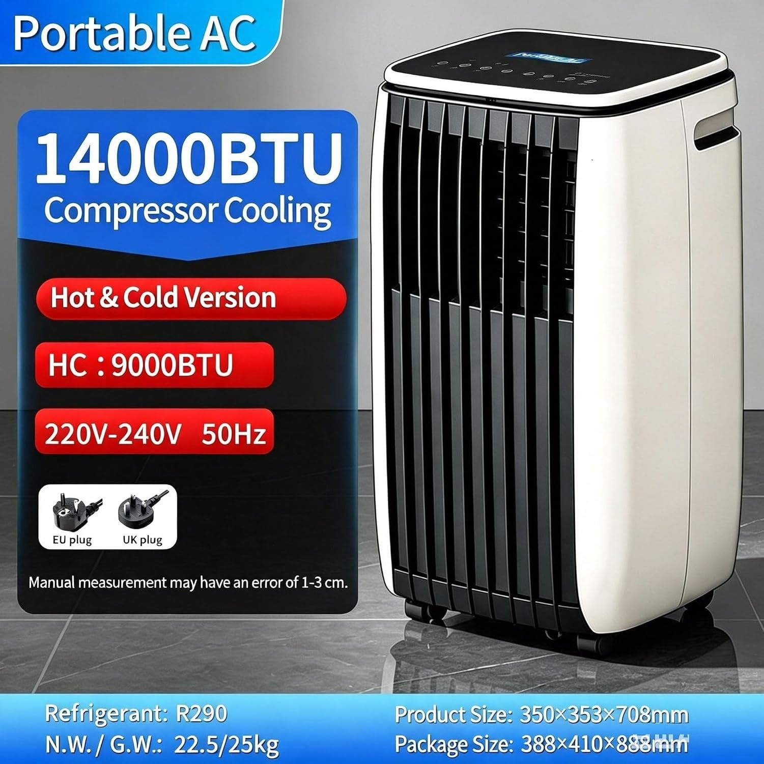 Aire Acondicionado Portátil 18000 BTU Frío y Calor 2 en 1, Unidad Refrigeración y Calefacción Libre para Todo el Año con Ruedas, Enchufe EU y UK, Blanco, C+Hot & Cold 14000 BTU, C+Hot & Cold 14000 BTU