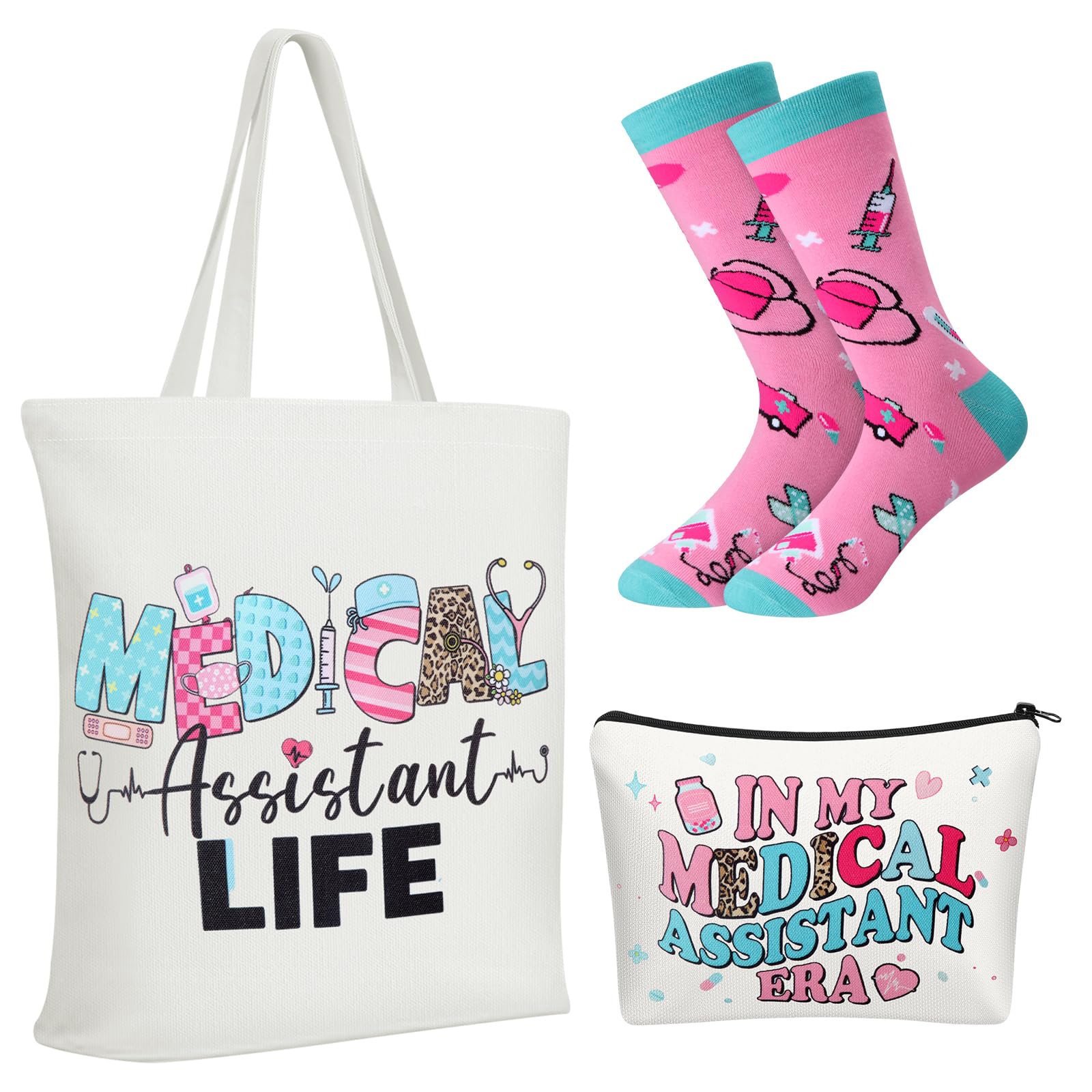 Glitopper 3 Pcs End of Year Medical Assistants Gift Set for Women Canvas Bags Socks Nurse Week End of Year Gift(Medical Assistant)